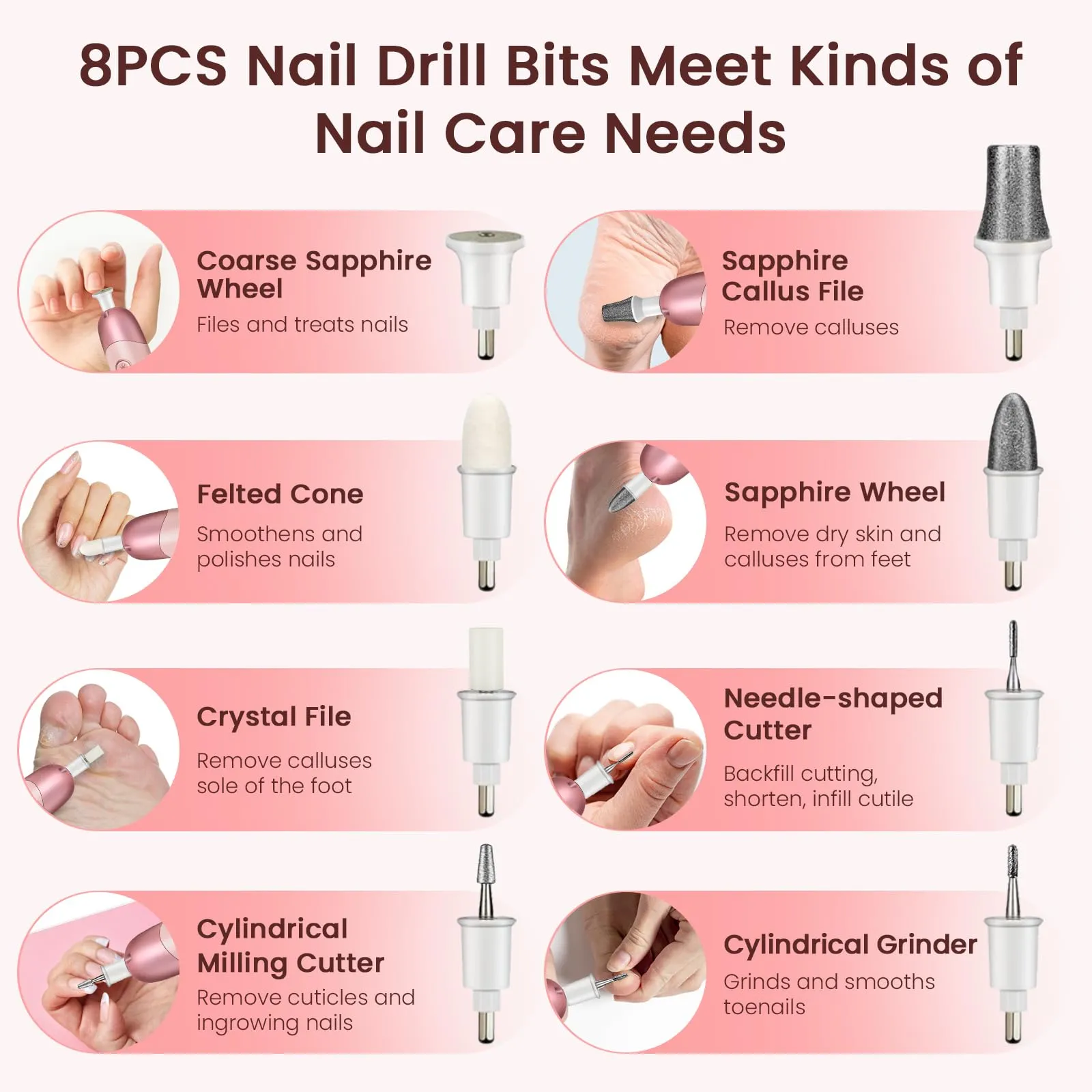 Electric Nail Drill Machine, 8 in 1 Professional Cordless Electric Nail File Kit with LED Light, Professional Manicure and Pedicure Kit for Calluses Nail Polishing Grinder Sander Trimmer with 5 Speeds