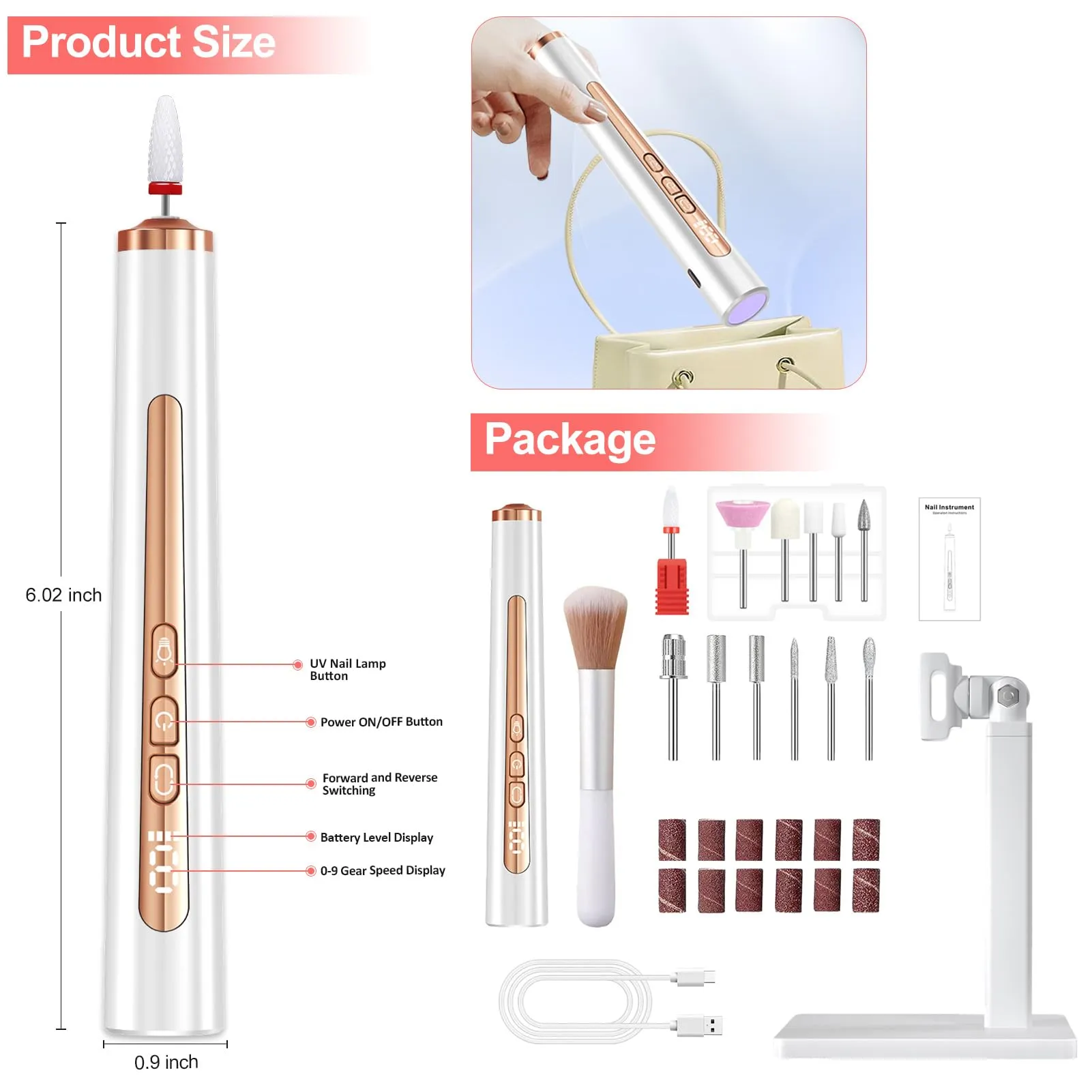 Electric Nail Drill with U V Light, Cordless Nail Drill Professional, Portable Electric Nail File Kit Rechargeable Efile Nail Drill for Acrylic Gel Nail Manicure Pedicure Nail Drill Kit for Salon Home