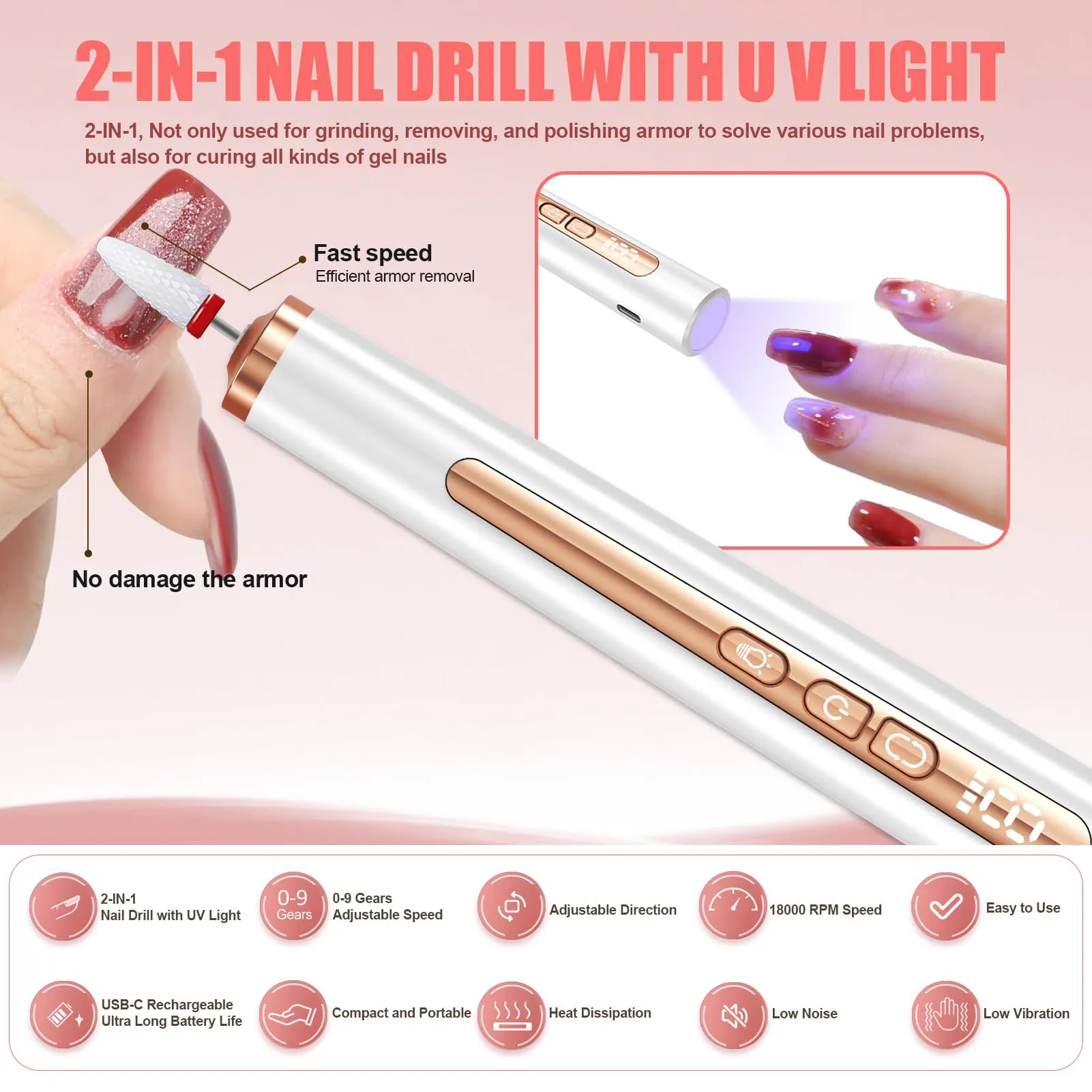 Electric Nail Drill with U V Light, Cordless Nail Drill Professional, Portable Electric Nail File Kit Rechargeable Efile Nail Drill for Acrylic Gel Nail Manicure Pedicure Nail Drill Kit for Salon Home