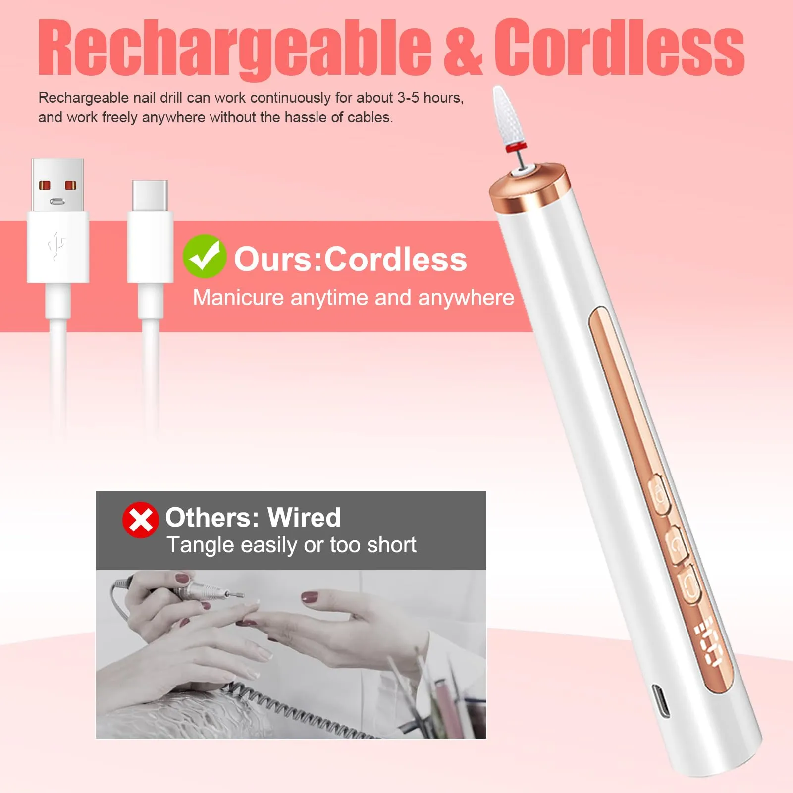 Electric Nail Drill with U V Light, Cordless Nail Drill Professional, Portable Electric Nail File Kit Rechargeable Efile Nail Drill for Acrylic Gel Nail Manicure Pedicure Nail Drill Kit for Salon Home