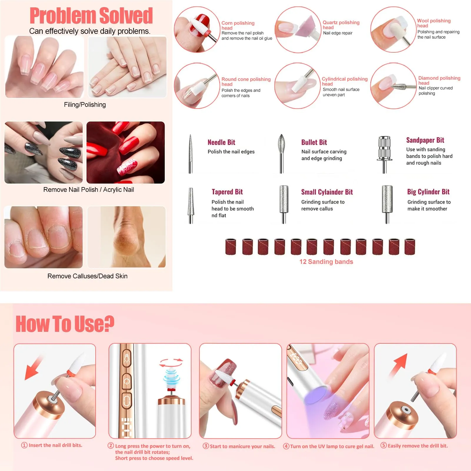 Electric Nail Drill with U V Light, Cordless Nail Drill Professional, Portable Electric Nail File Kit Rechargeable Efile Nail Drill for Acrylic Gel Nail Manicure Pedicure Nail Drill Kit for Salon Home