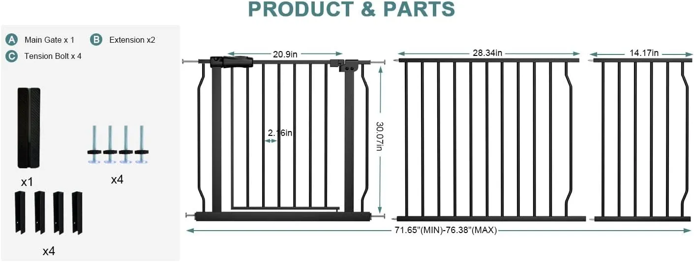 Extra Wide Baby Gate Tension Indoor Safety Gates Black Metal Large Pressure Mounted Pet Gate Walk Through Long Safety Dog Gate for The House Doorways Stairs (71.65"-76.38"/182-194CM, Black)