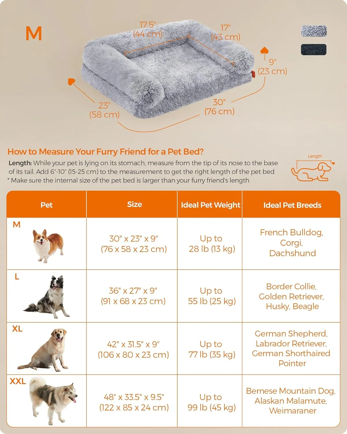 Feandrea Dog Bed, Orthopaedic Dog Sofa Bed for Medium Dogs, Waterproof Ped Bed with Removable Washable Cover, 30 x 23 x 9 Inches, Gray Ombr UPGW231G01