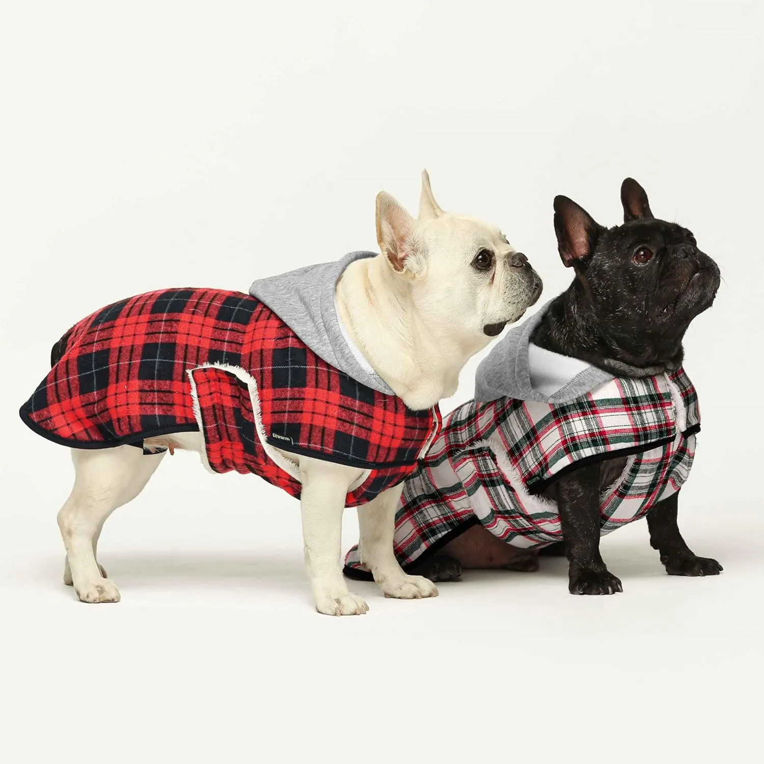Fitwarm Plaid Dog Winter Coat with Hood, Dog Clothes for Small Dogs Boy Girl, Pet Hoodies, Cat Jacket Apparel, Red, Black, Large