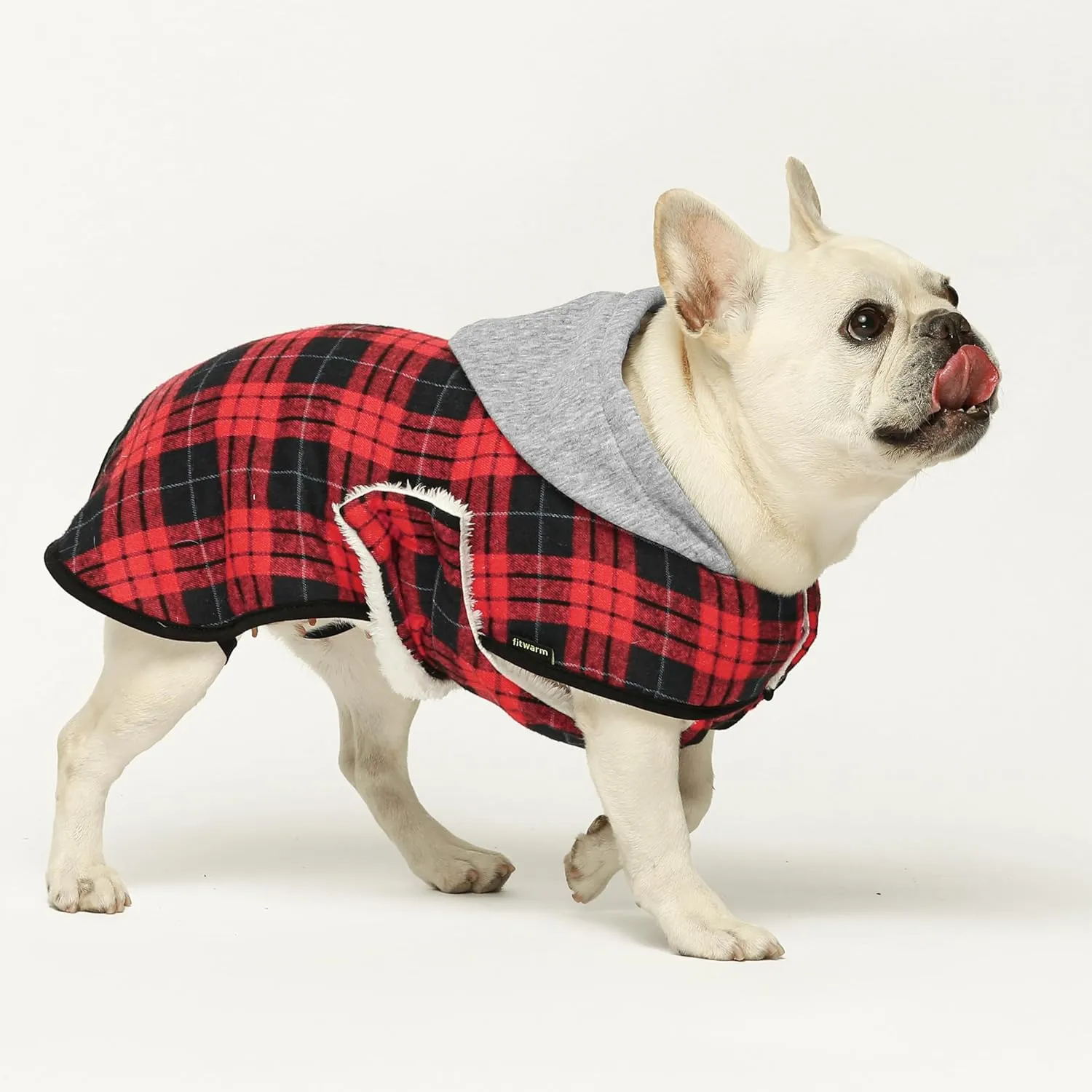 Fitwarm Plaid Dog Winter Coat with Hood, Dog Clothes for Small Dogs Boy Girl, Pet Hoodies, Cat Jacket Apparel, Red, Black, Large