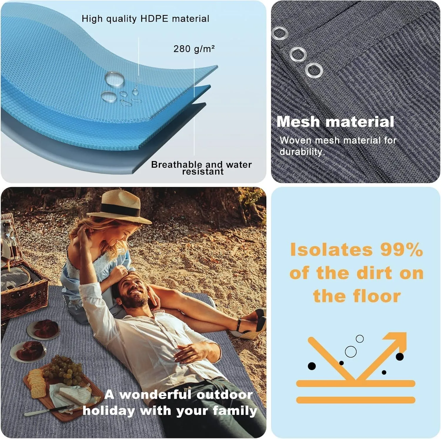 FoundGo Awning Carpet HDPE Camping Outdoor Rug with Eyelets,Nails,Broom,for RV,Patio,Backyard,Picnic,Beach,Trailer 9'*6' (2.74 * 1.83m) -Blue Grey