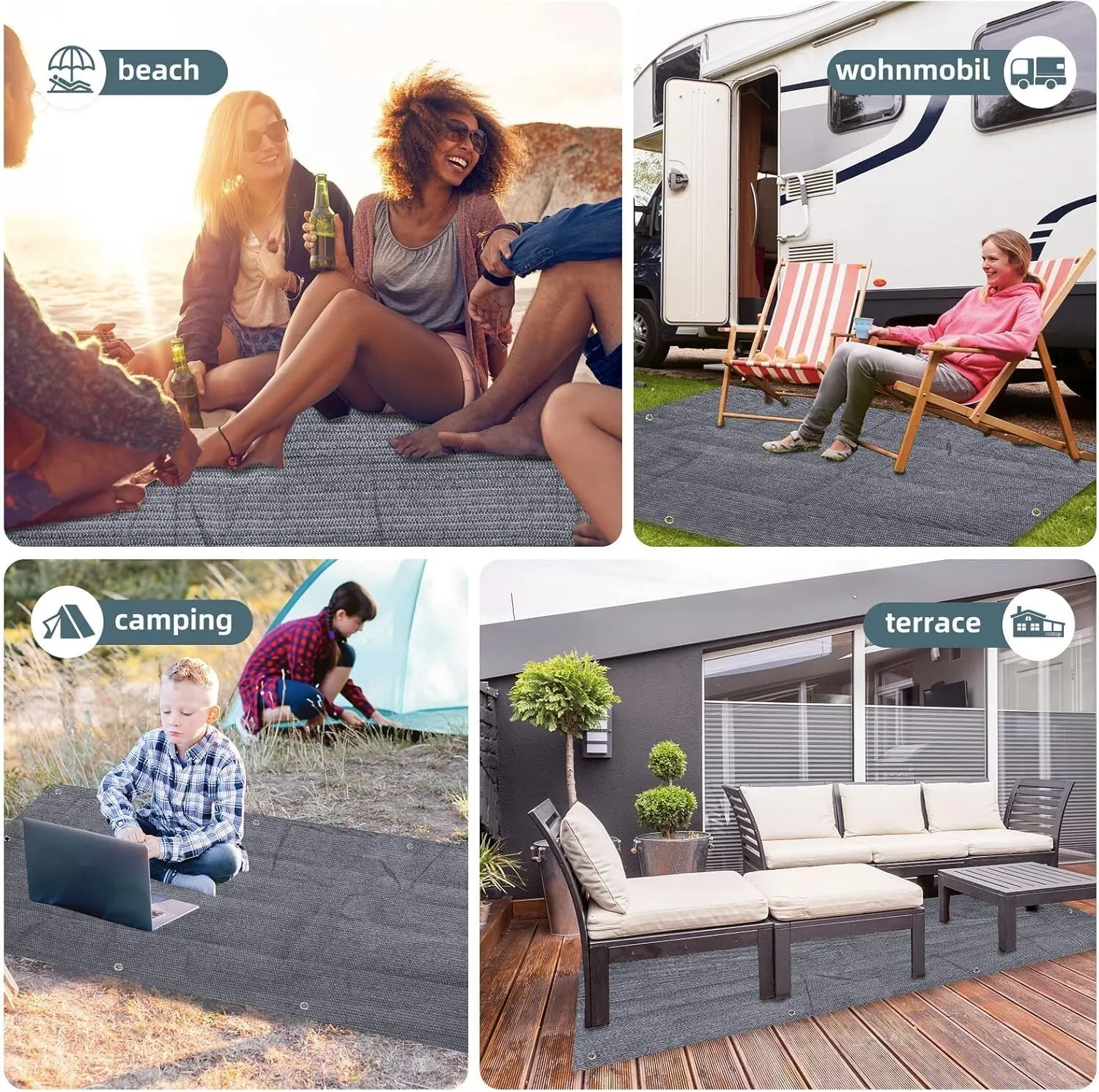 FoundGo Awning Carpet HDPE Camping Outdoor Rug with Eyelets,Nails,Broom,for RV,Patio,Backyard,Picnic,Beach,Trailer 9'*6' (2.74 * 1.83m) -Blue Grey