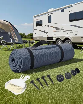 FoundGo Awning Carpet HDPE Camping Outdoor Rug with Eyelets,Nails,Broom,for RV,Patio,Backyard,Picnic,Beach,Trailer 9'*6' (2.74 * 1.83m) -Blue Grey