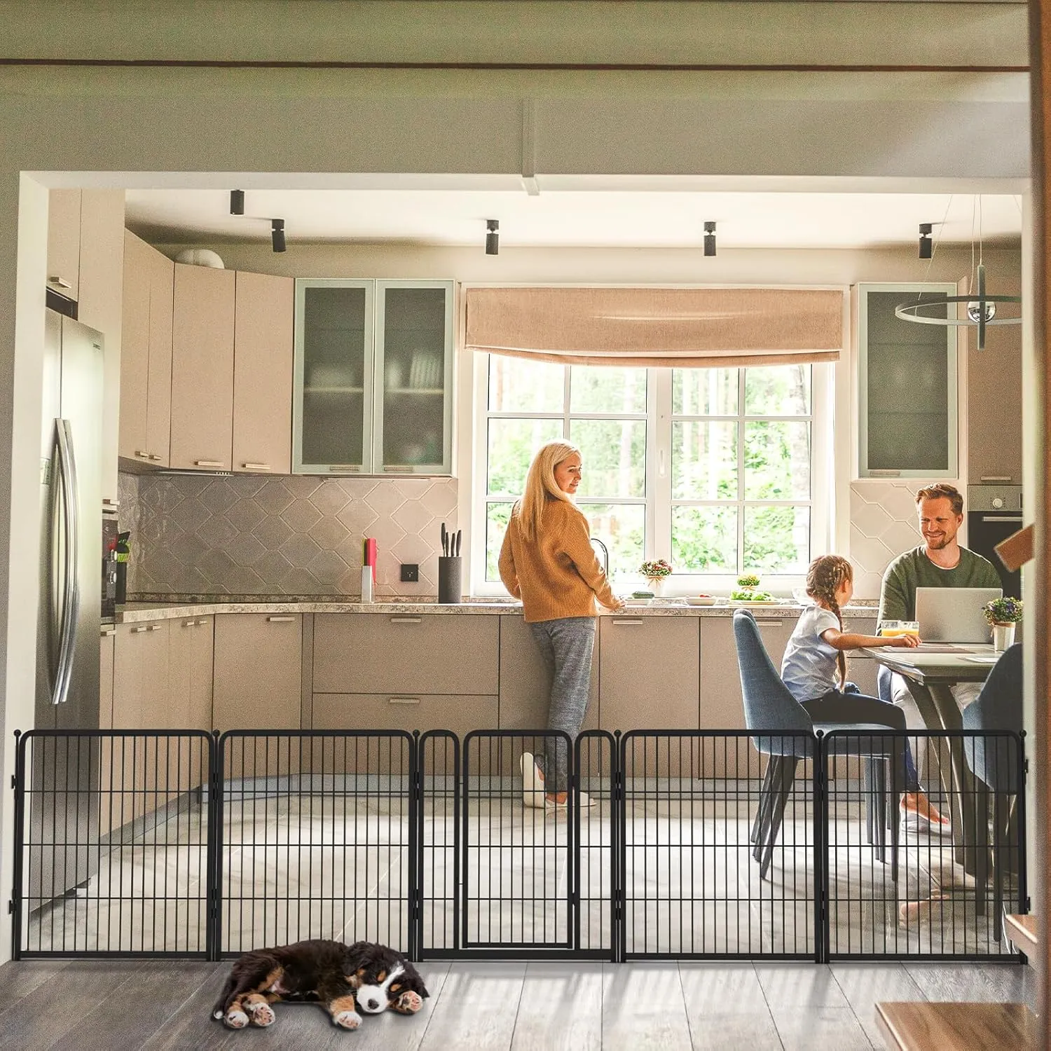 FXW Dog Gate Extra Wide Designed for Indoor Use, Adjustable Width Up to 219-inch Wide (32" H 8 Panels for Puppies and Small Dogs), Black