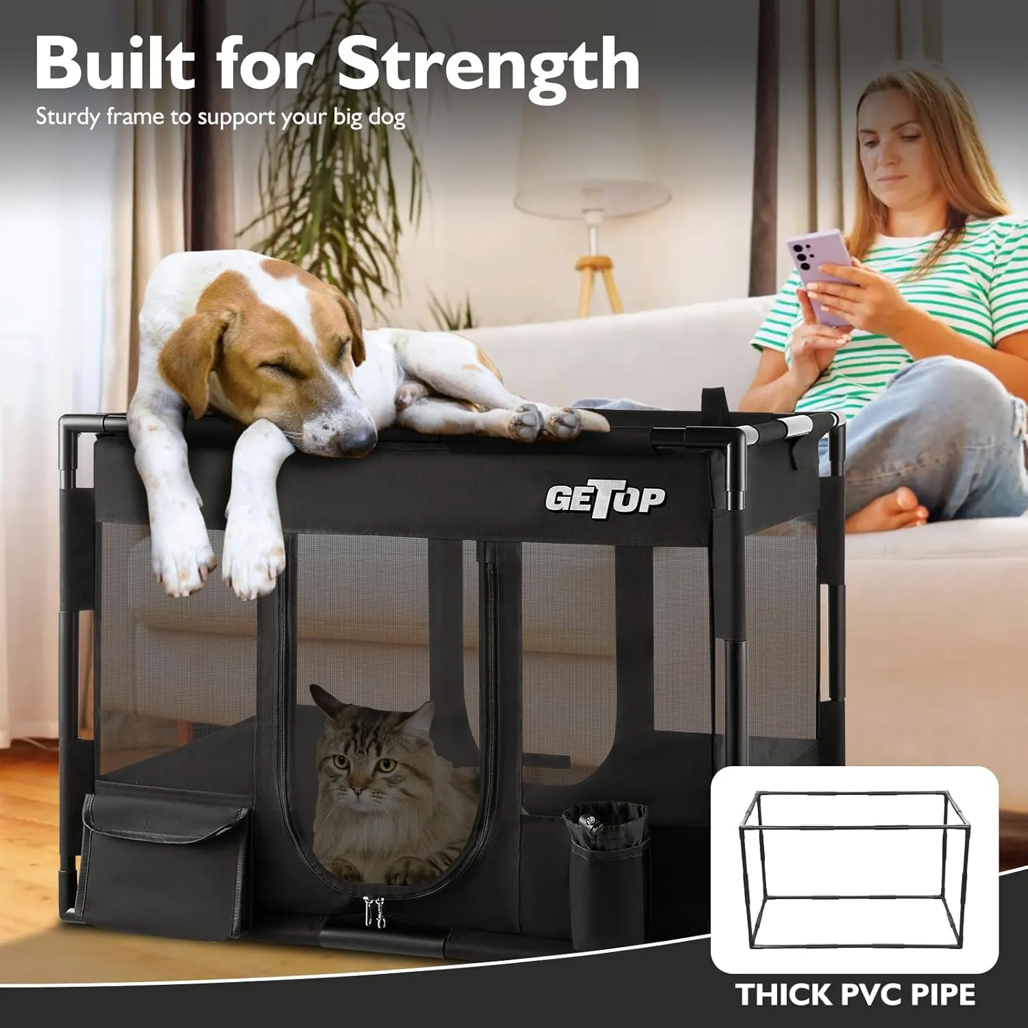 GETOP Pet Playpen, Stable Frame Dog  Cat Kennel with Carry Bag, PVC Frame, PE Mesh Dog Crate, for Indoor and Outdoor Pet Puppy Kitty Small Animals Pen Cage (M-Size, Black)