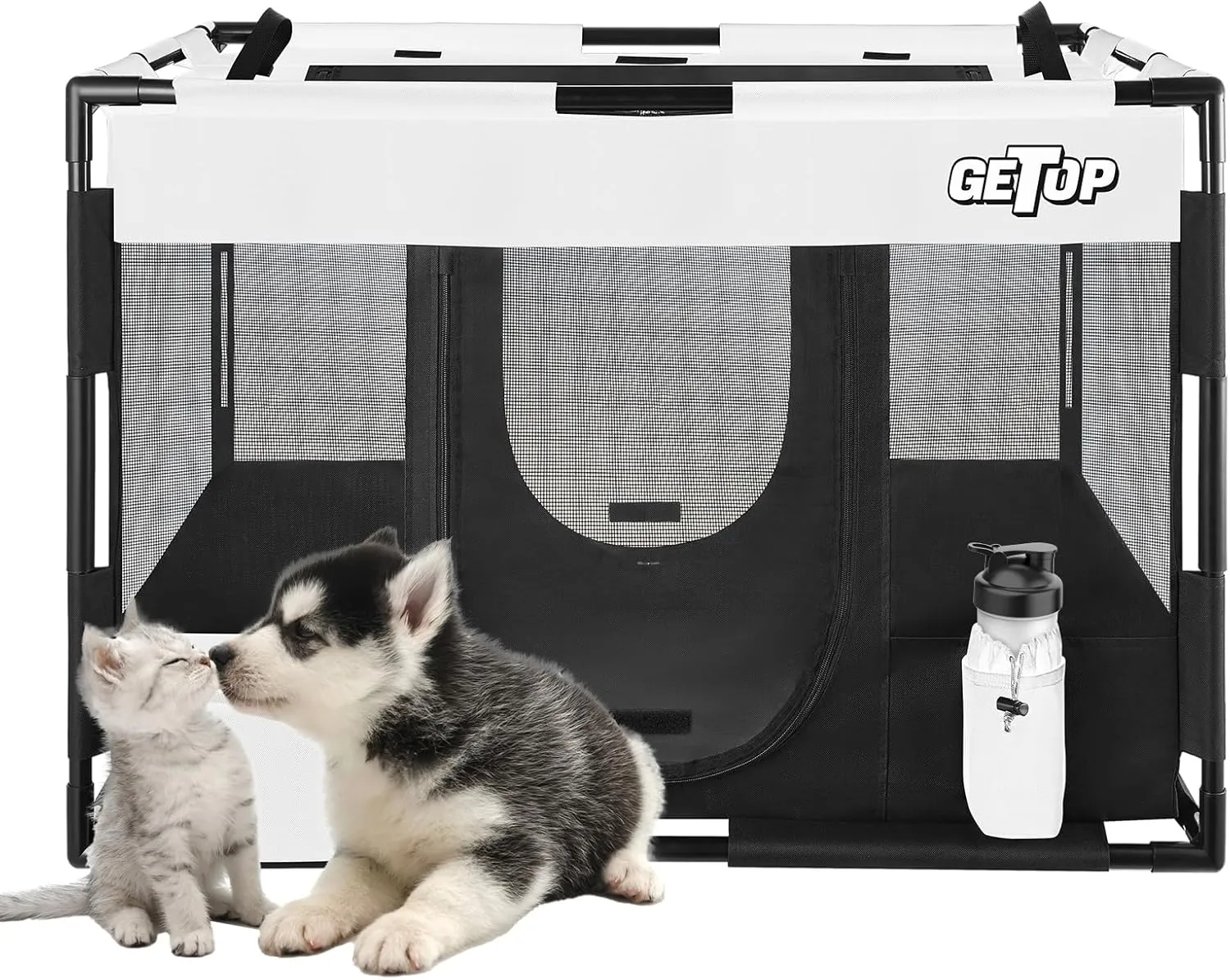 GETOP Pet Playpen, Stable Frame Dog  Cat Kennel with Carry Bag, PVC Frame, PE Mesh Dog Crate, for Indoor and Outdoor Pet Puppy Kitty Small Animals Pen Cage (M-Size, White-Black)
