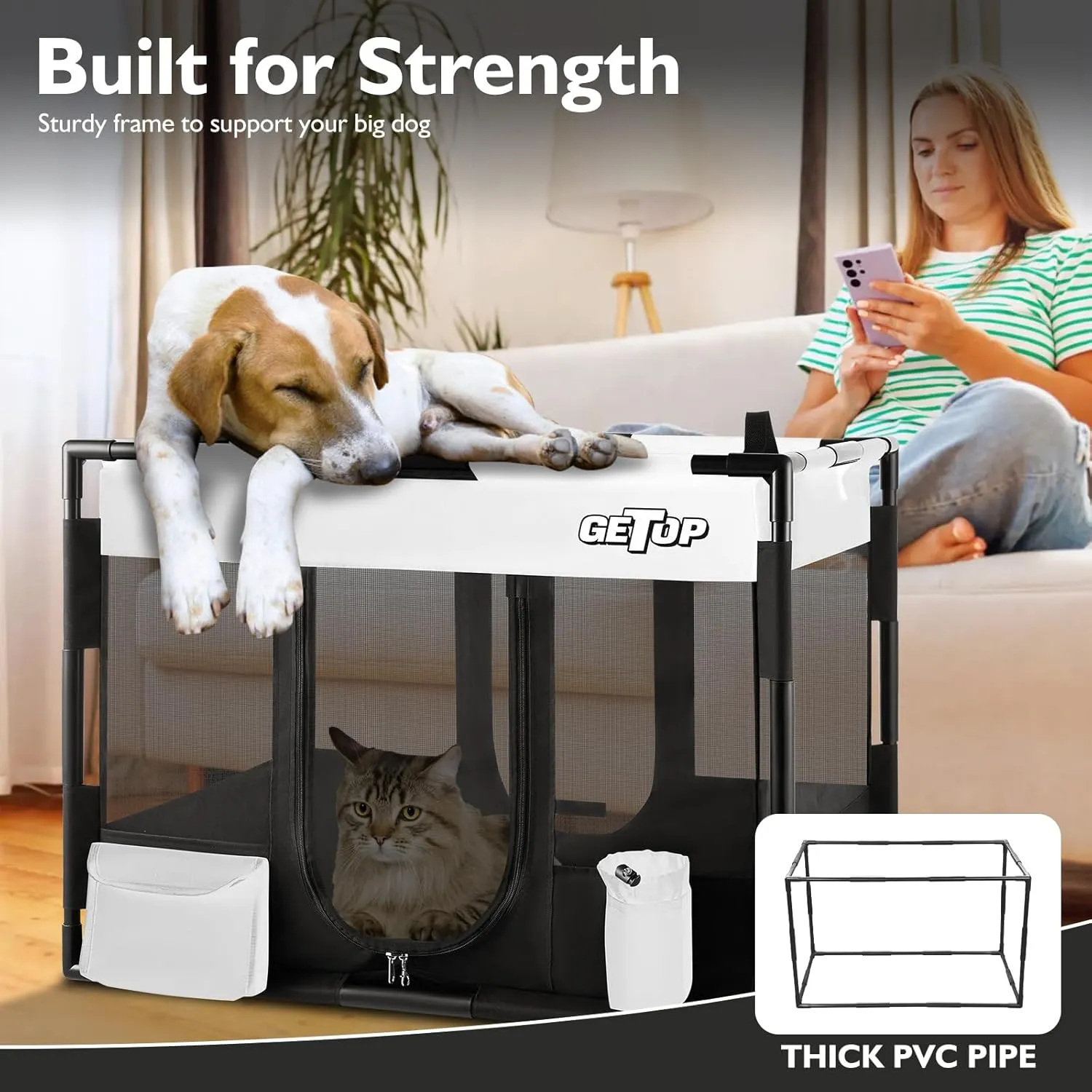 GETOP Pet Playpen, Stable Frame Dog  Cat Kennel with Carry Bag, PVC Frame, PE Mesh Dog Crate, for Indoor and Outdoor Pet Puppy Kitty Small Animals Pen Cage (M-Size, White-Black)