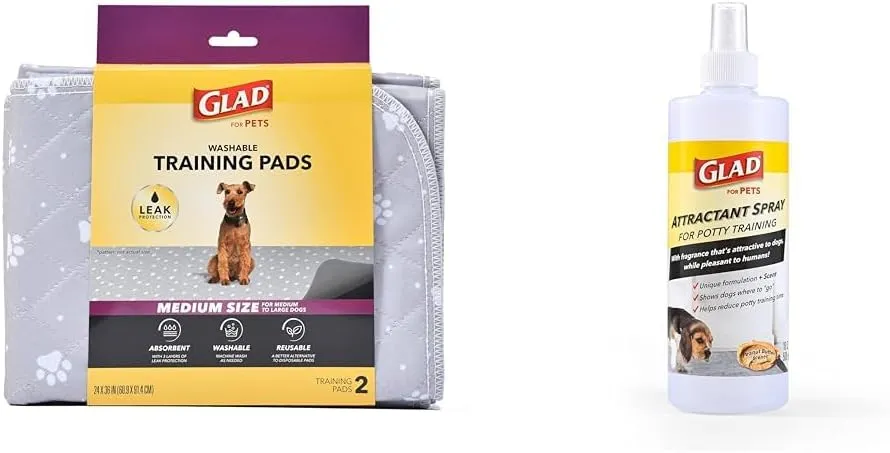 Glad for Pets Eco-Friendly Training Kit: 24"x36" Medium Washable Pads (2 Count) & Peanut Butter Scented Attractant Spray (16oz) for Efficient Dog Potty Training