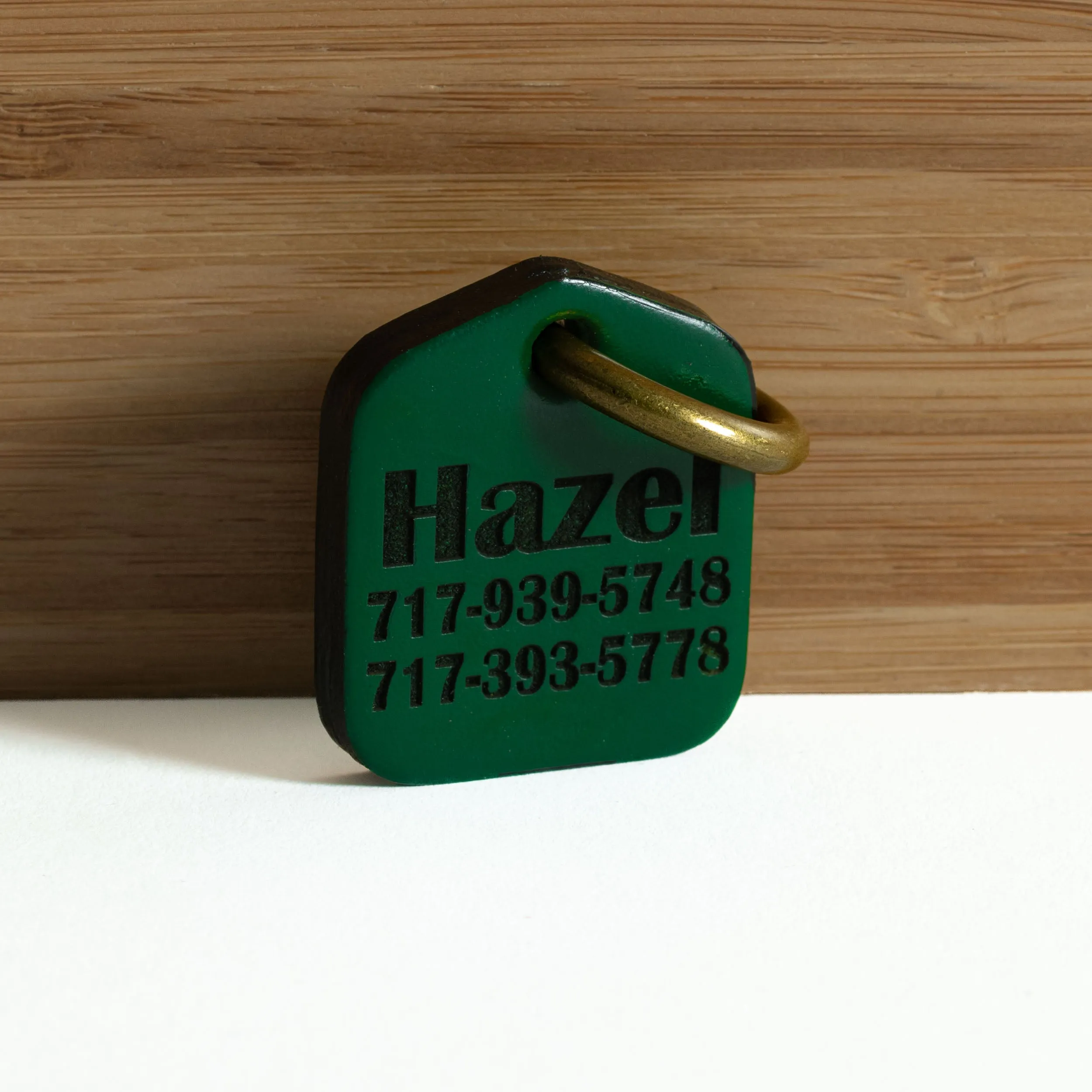 Green Personalized Pet ID Tag Engraved for Dog Collars in Leather 1.25" x 1.5"