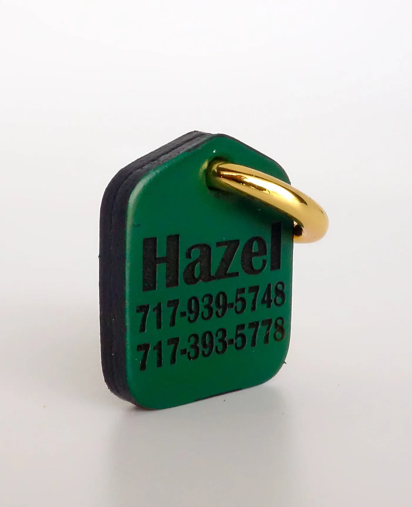 Green Personalized Pet ID Tag Engraved for Dog Collars in Leather 1.25" x 1.5"