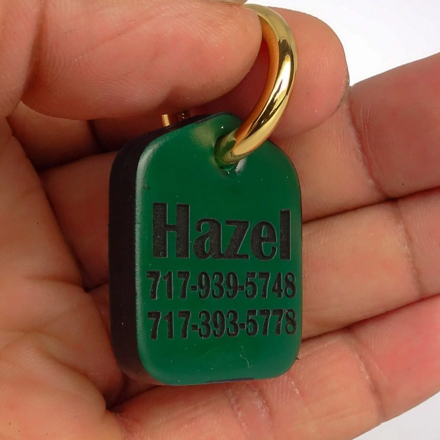 Green Personalized Pet ID Tag Engraved for Dog Collars in Leather 1.25" x 1.5"