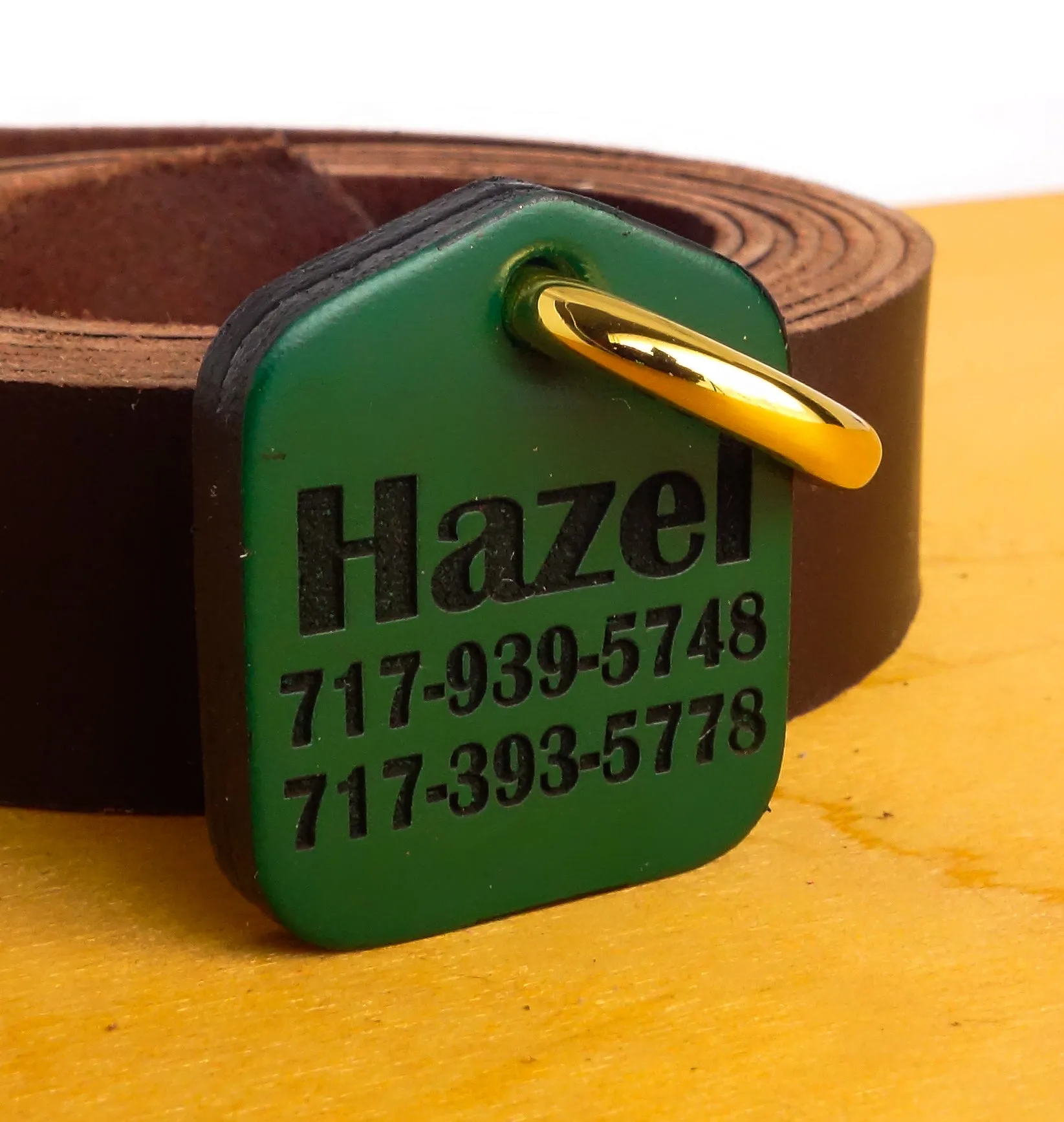 Green Personalized Pet ID Tag Engraved for Dog Collars in Leather 1.25" x 1.5"