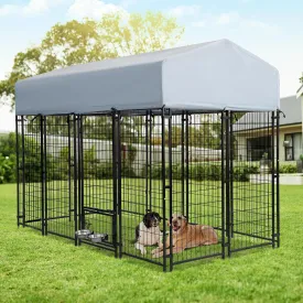 Grepatio Outdoor Dog Kennel for Large Dogs, 8x4x6 FT Dog Enclosure with Waterproof, Heavy Duty Welded Wire Steel Dog Playpen Fence with 2 Rotating Dogs Bowls, Outside Dogs Cage Run with Secure Lock