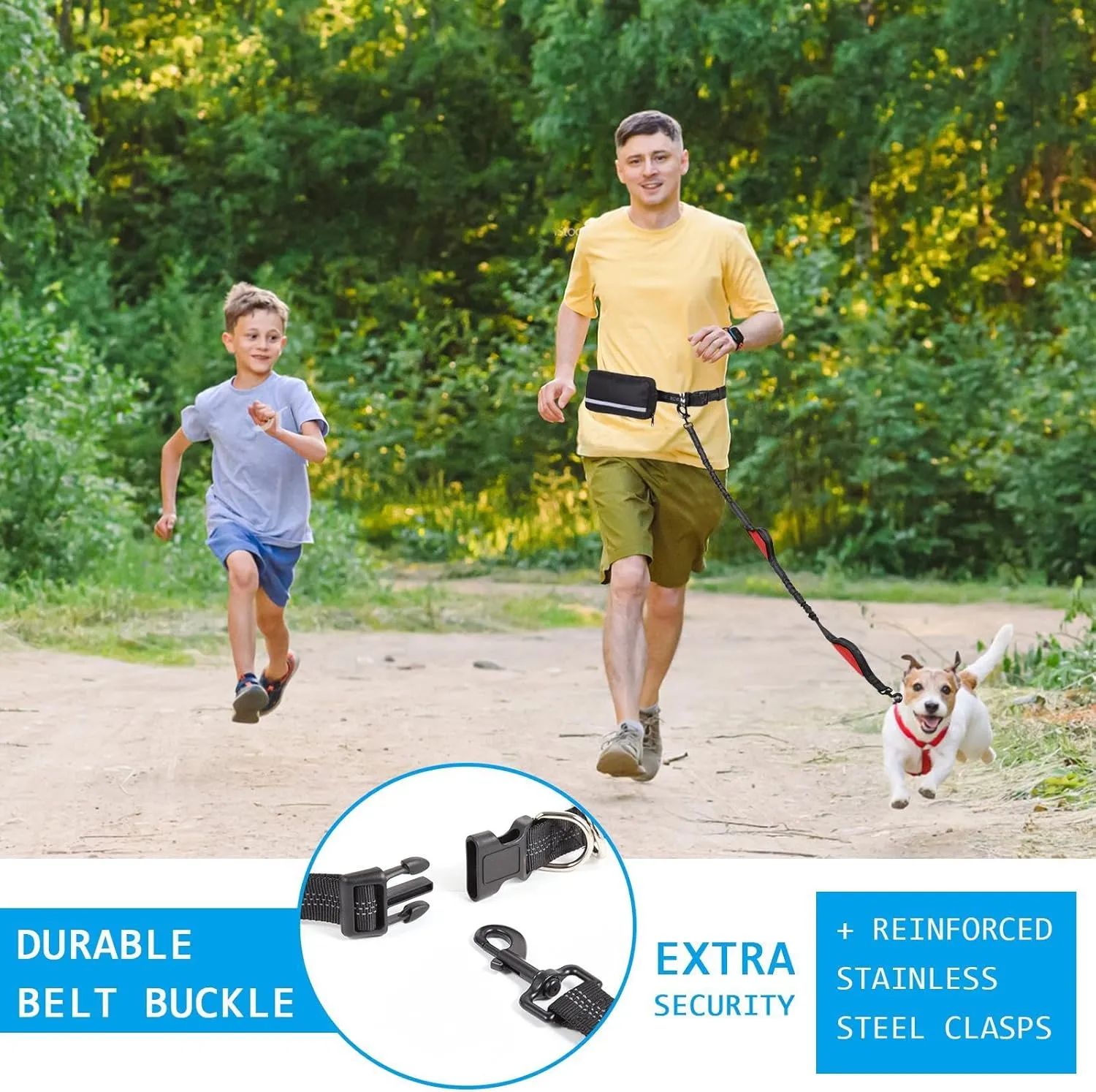 Hands Free Dog Leash with Zipper Pouch, Dual Padded Handles and Durable Bungee for Walking, Jogging and Running Your Dog, Waist Belt Dog Leash, Reflective Running Traction (Red)