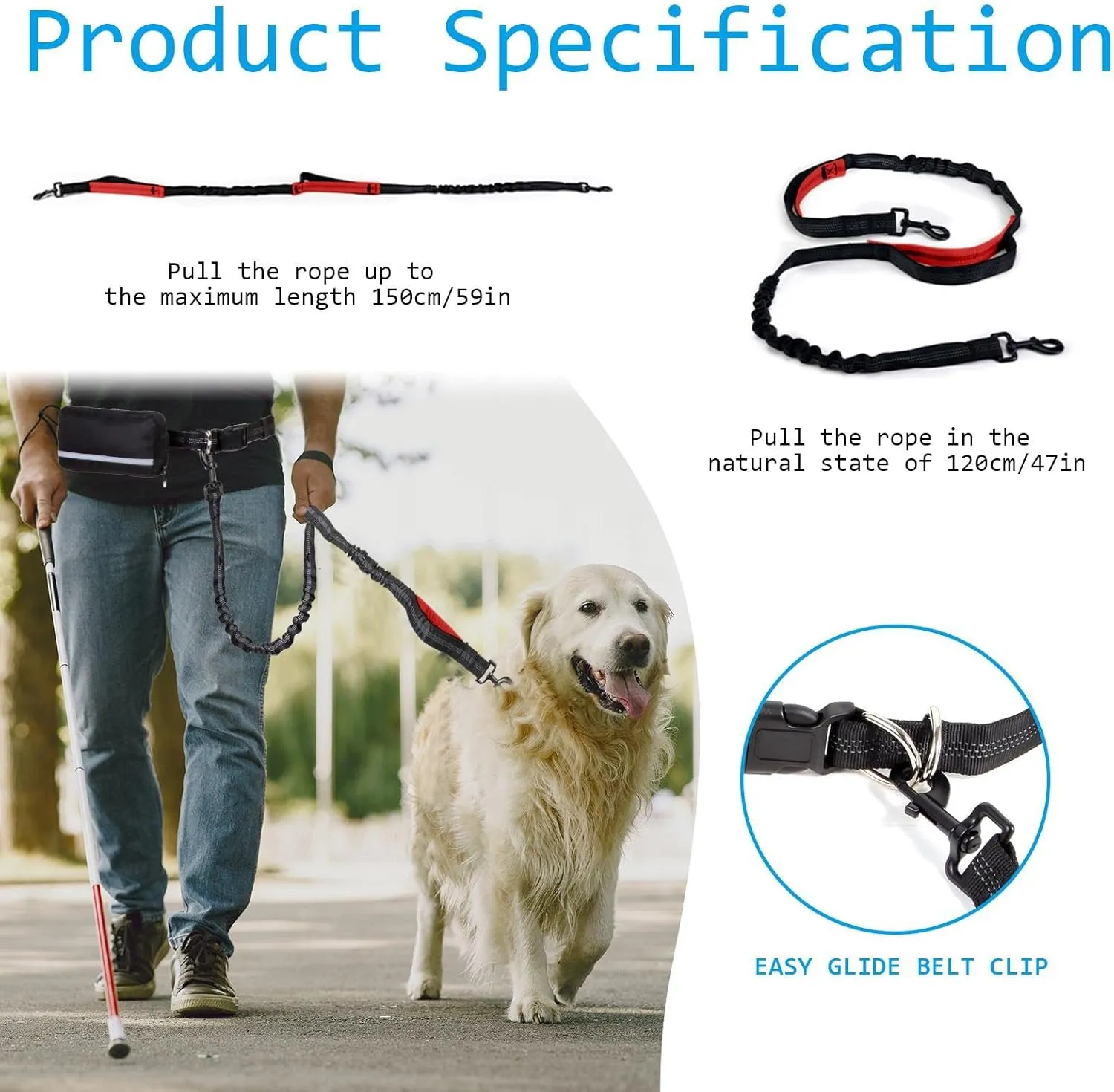 Hands Free Dog Leash with Zipper Pouch, Dual Padded Handles and Durable Bungee for Walking, Jogging and Running Your Dog, Waist Belt Dog Leash, Reflective Running Traction (Red)