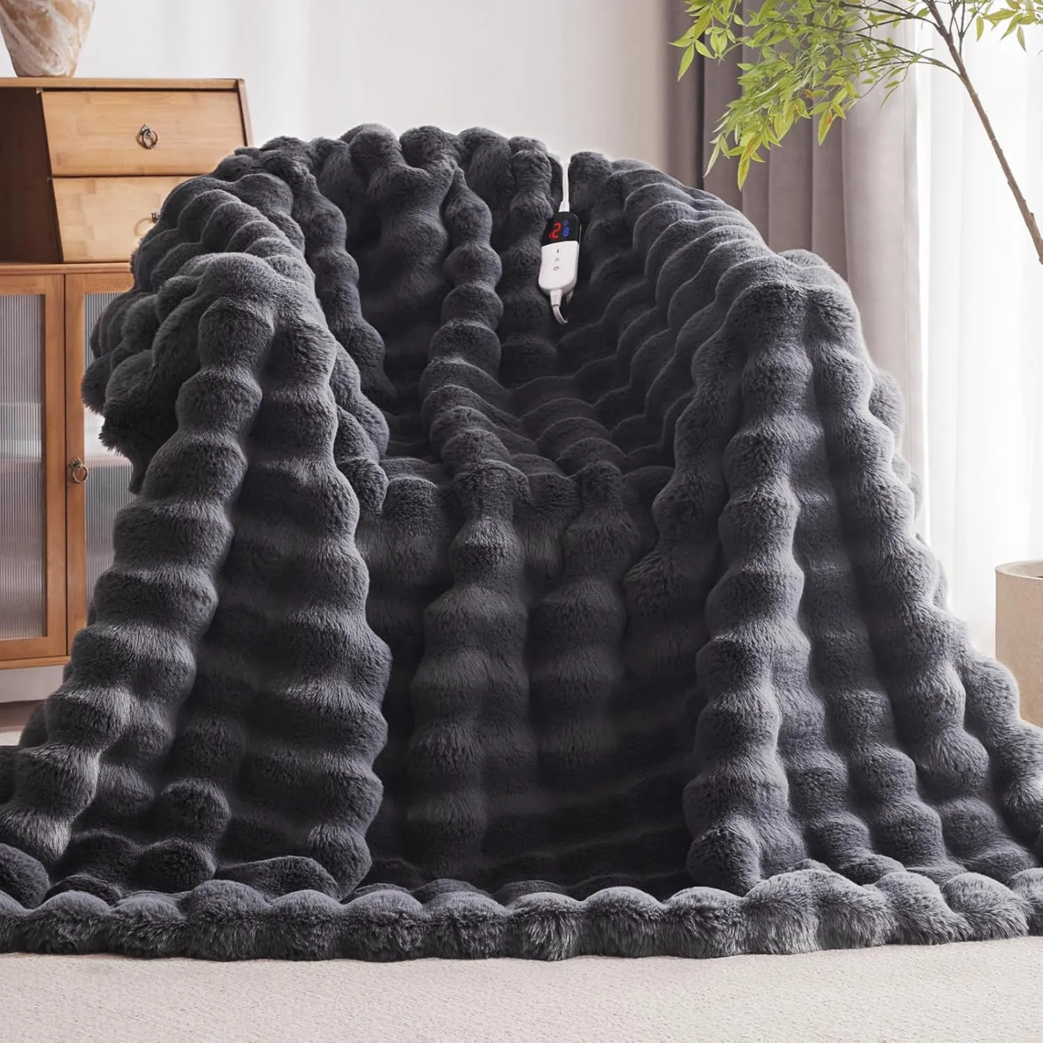Heated Blanket Throw with 6 Hours Auto-Off 10 Heat Level, 62'' * 84'' Cozy Faux Rabbit Fur Bubble Electric Throw with Overheat Protection, Soft Fast Heating Blanket with ETL (Dark Grey)