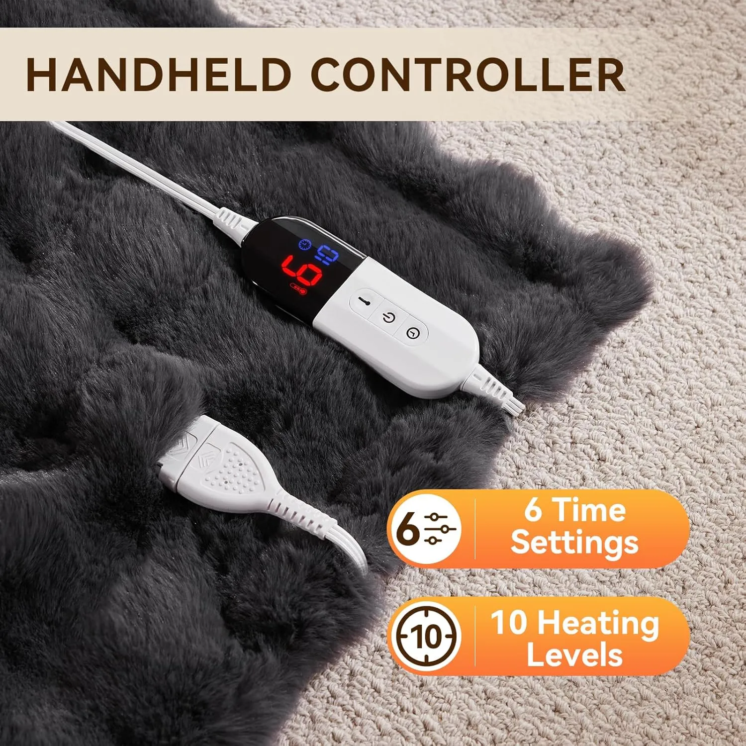 Heated Blanket Throw with 6 Hours Auto-Off 10 Heat Level, 62'' * 84'' Cozy Faux Rabbit Fur Bubble Electric Throw with Overheat Protection, Soft Fast Heating Blanket with ETL (Dark Grey)