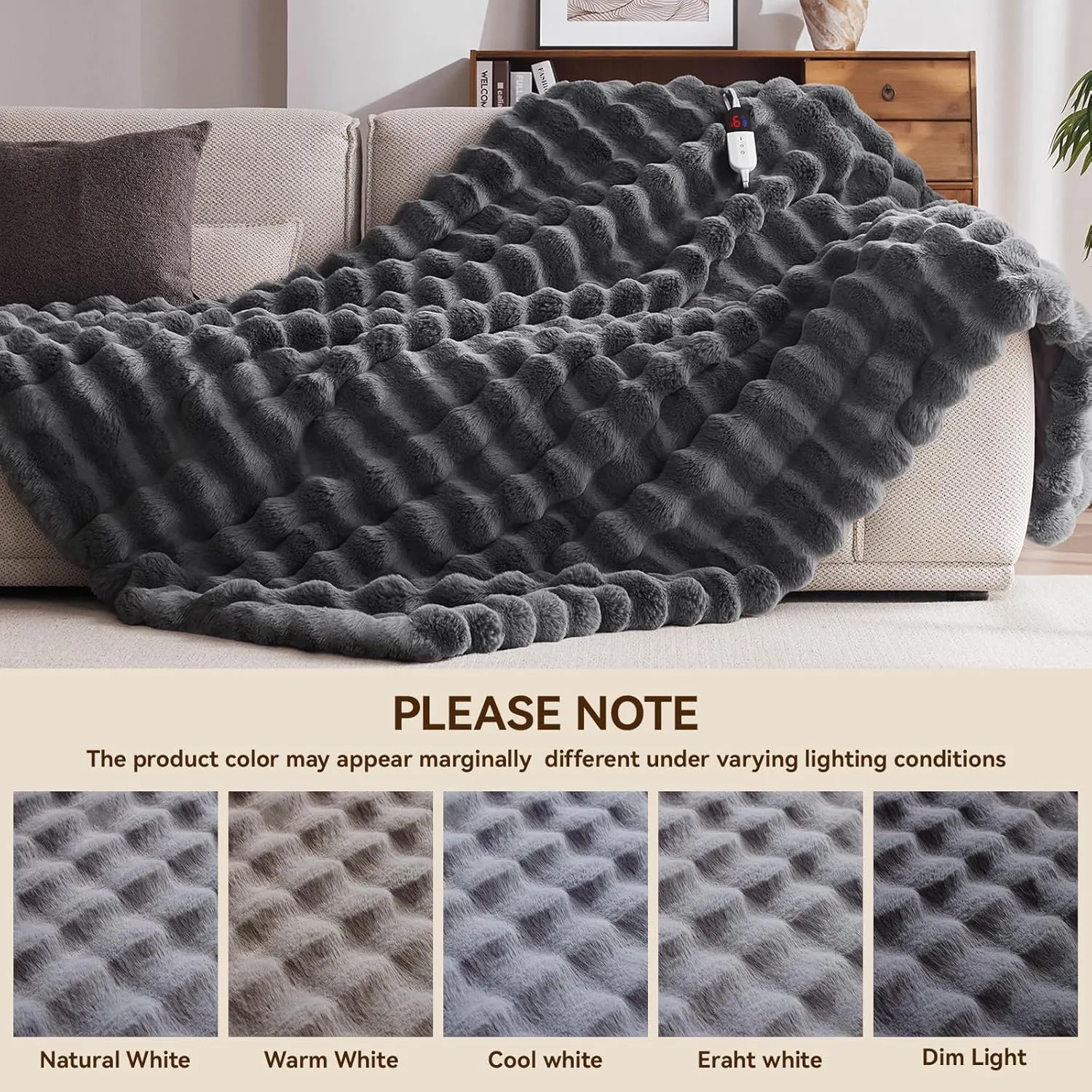 Heated Blanket Throw with 6 Hours Auto-Off 10 Heat Level, 62'' * 84'' Cozy Faux Rabbit Fur Bubble Electric Throw with Overheat Protection, Soft Fast Heating Blanket with ETL (Dark Grey)