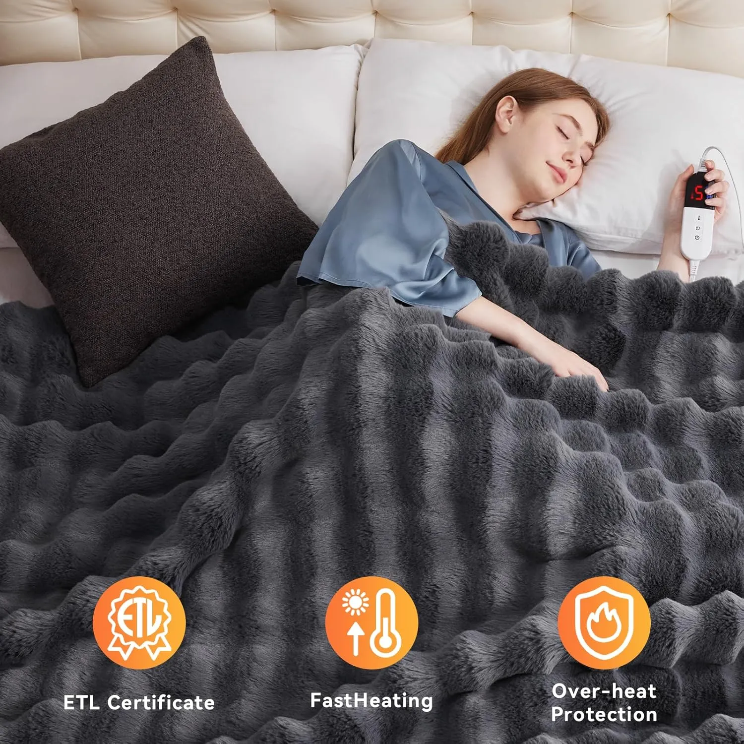 Heated Blanket Throw with 6 Hours Auto-Off 10 Heat Level, 62'' * 84'' Cozy Faux Rabbit Fur Bubble Electric Throw with Overheat Protection, Soft Fast Heating Blanket with ETL (Dark Grey)