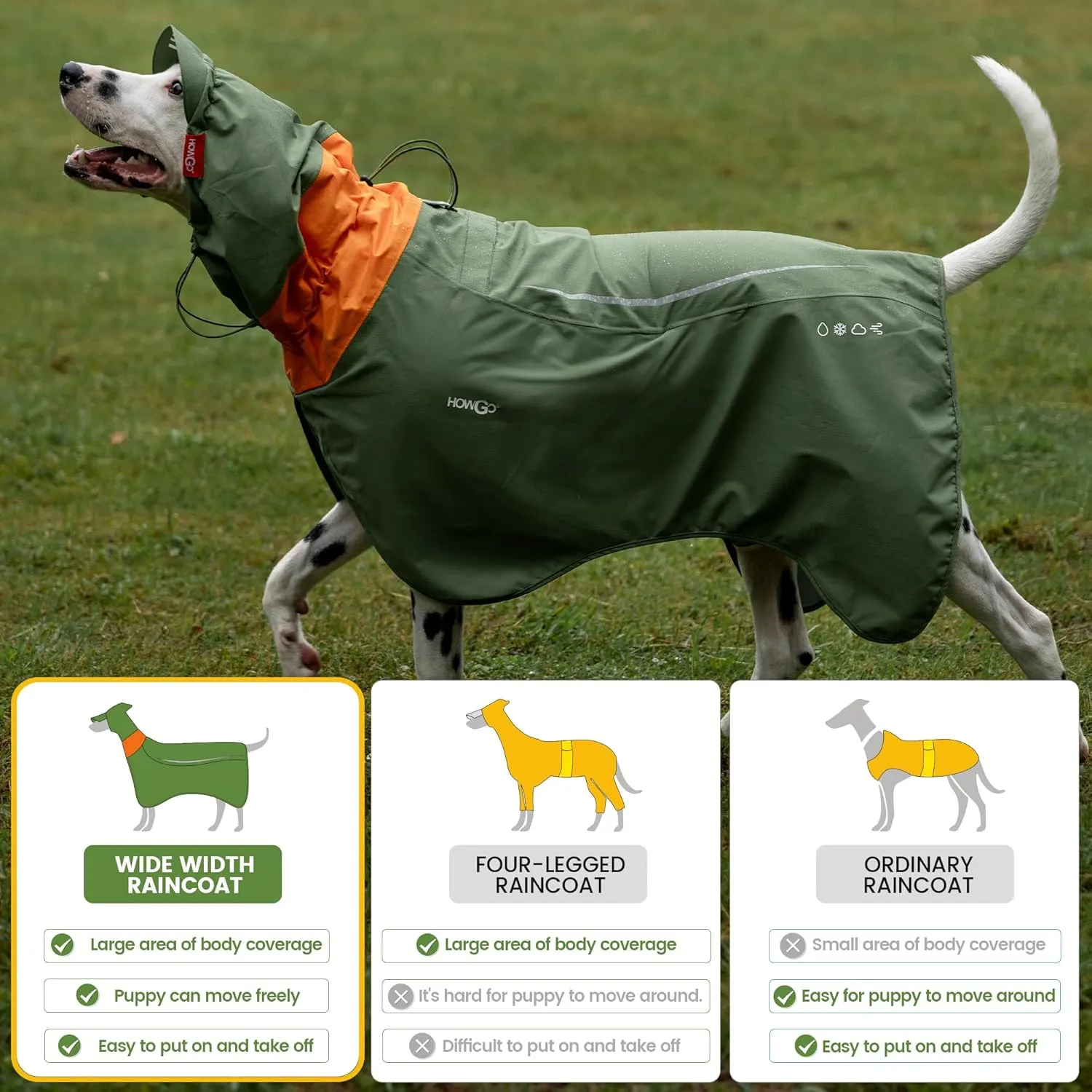 HOWGO Dog Raincoat Adjustable Pet Waterproof Windproof Jacket Dog Rain Jacket with Leash Hole for Small Medium and Large Dogs (Green, XX-Large)