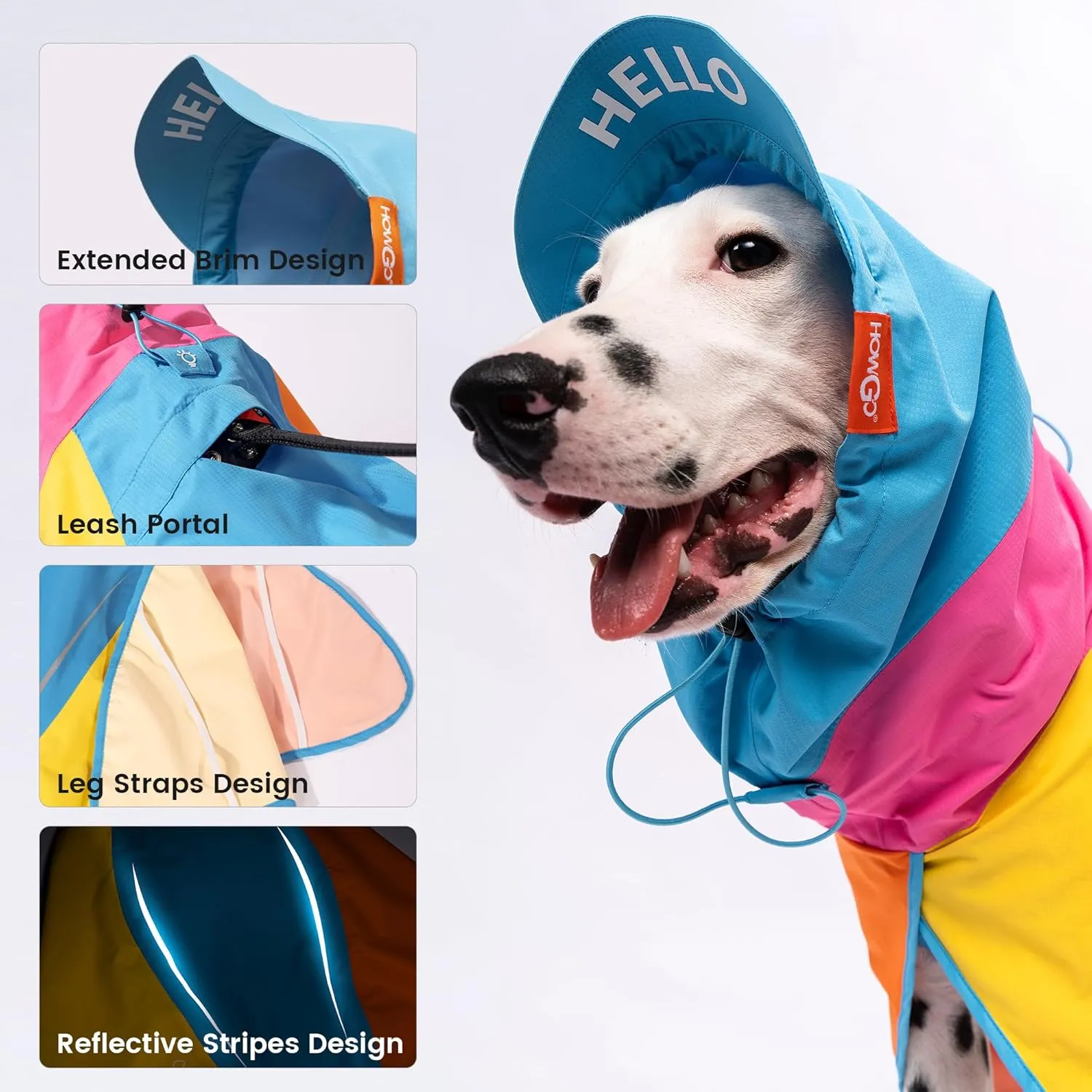 HOWGO Dog Raincoat Adjustable Pet Waterproof Windproof Jacket Dog Rain Jacket with Leash Hole for Small Medium and Large Dogs (Multi-Colored, XX-Large)