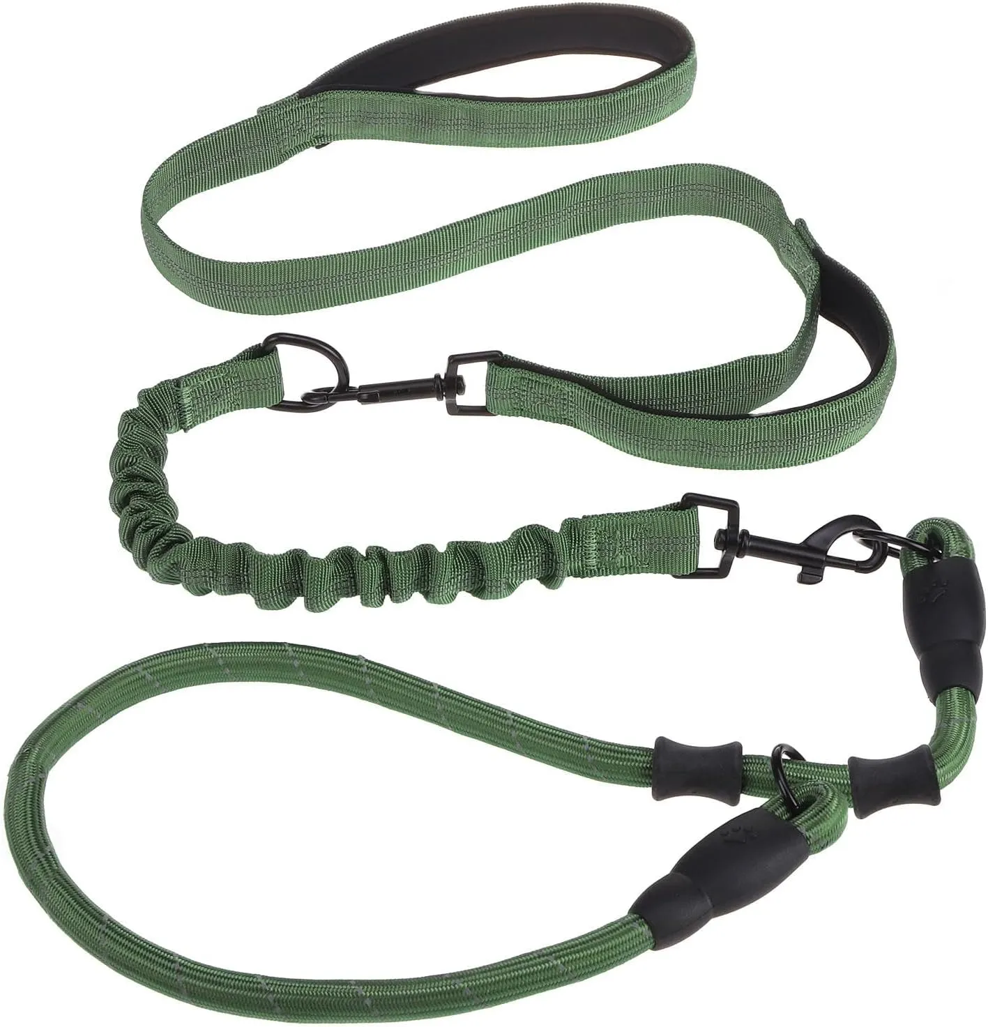 KOOLTAIL Slip Lead Dog Leash With Padded Double Handles, 6FT Heavy Duty No Pull Training, Reflective Removable Multiple Use Pet Bungee&Rope and Collar for Medium Large Dogs, Green