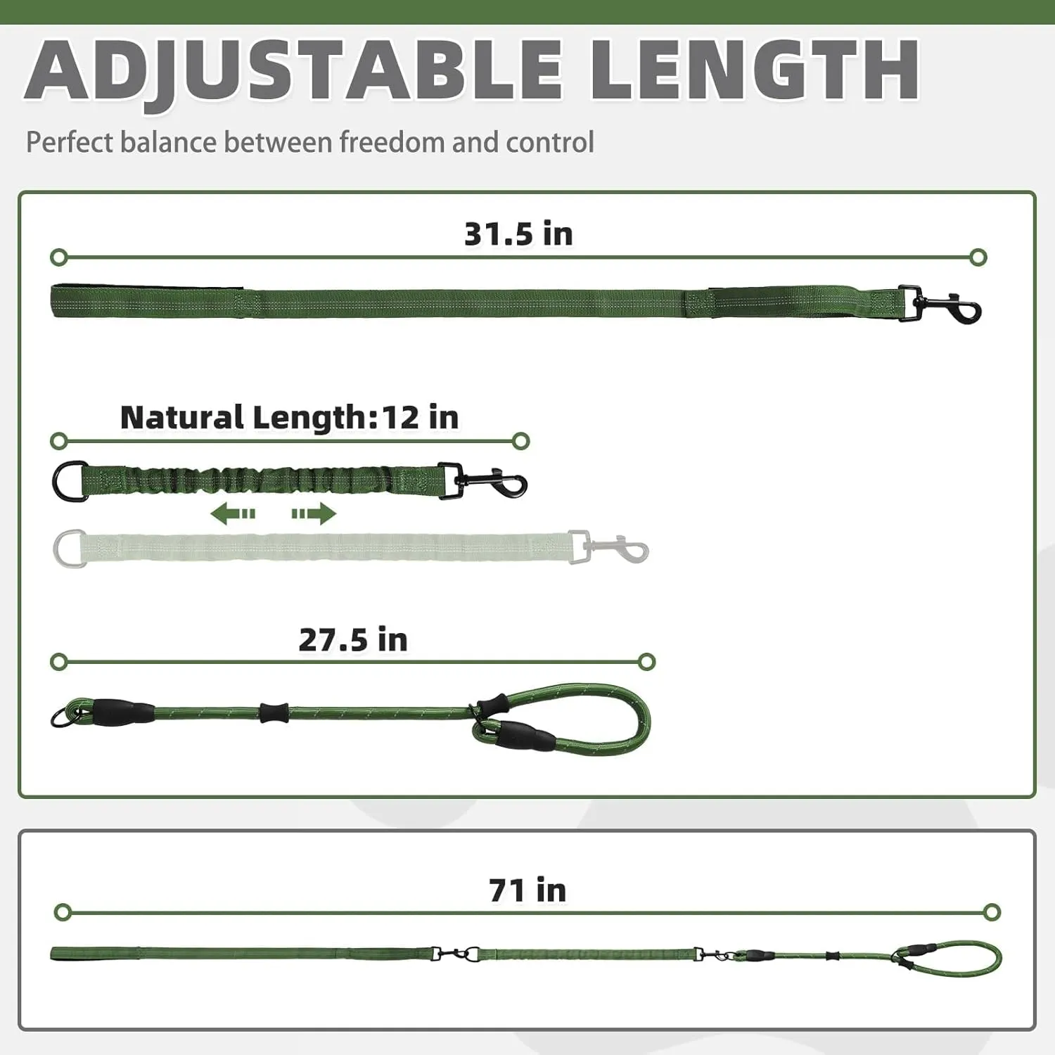 KOOLTAIL Slip Lead Dog Leash With Padded Double Handles, 6FT Heavy Duty No Pull Training, Reflective Removable Multiple Use Pet Bungee&Rope and Collar for Medium Large Dogs, Green