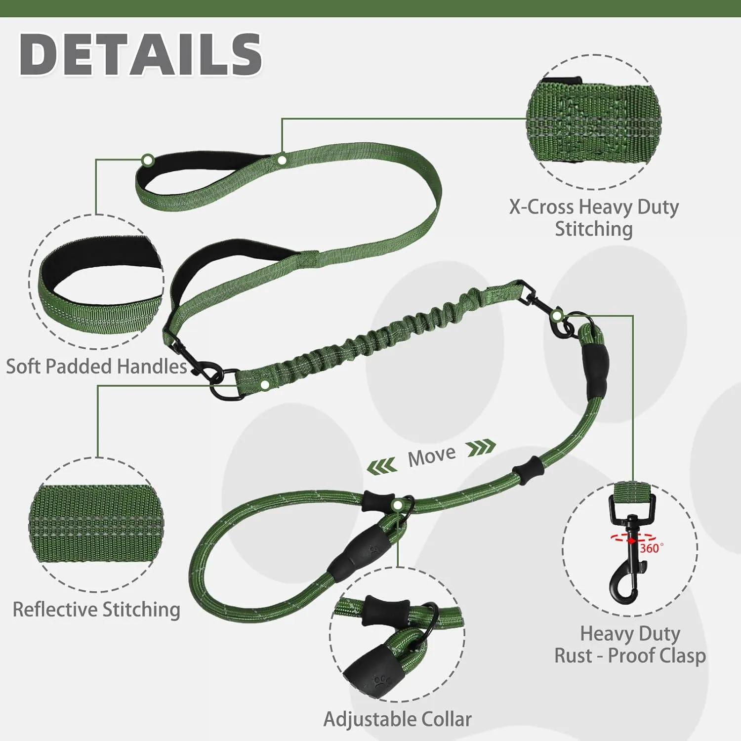 KOOLTAIL Slip Lead Dog Leash With Padded Double Handles, 6FT Heavy Duty No Pull Training, Reflective Removable Multiple Use Pet Bungee&Rope and Collar for Medium Large Dogs, Green