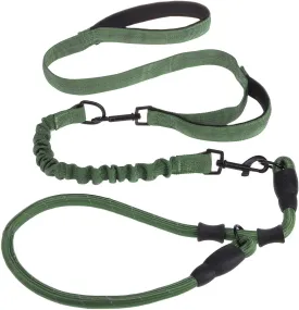 KOOLTAIL Slip Lead Dog Leash With Padded Double Handles, 6FT Heavy Duty No Pull Training, Reflective Removable Multiple Use Pet Bungee&Rope and Collar for Medium Large Dogs, Green