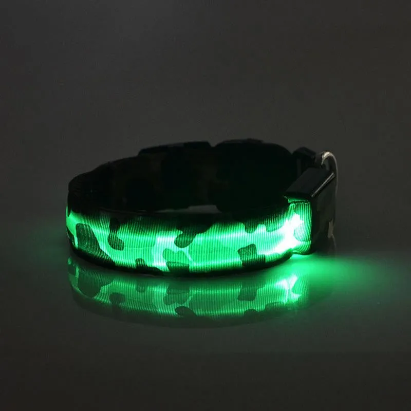 LED Light-up Dog Collars Camouflage Print -  Flashing or Glow In The Dark LED Nylon Pet Collar