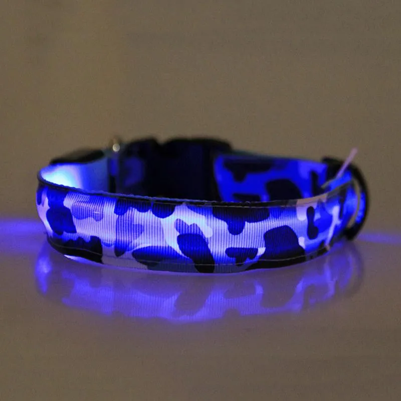 LED Light-up Dog Collars Camouflage Print -  Flashing or Glow In The Dark LED Nylon Pet Collar
