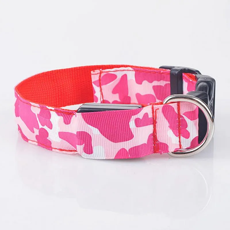 LED Light-up Dog Collars Camouflage Print -  Flashing or Glow In The Dark LED Nylon Pet Collar