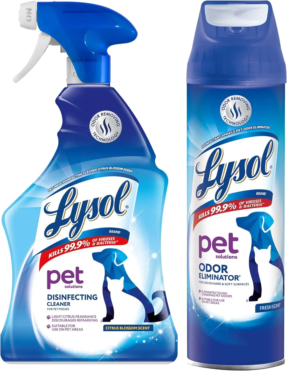 Lysol Pet Cleaning Bundle - 1 Pet Solutions Disinfecting Cleaner (32 Fl Oz) and 1 Odor Eliminator (15 Ounce Aerosol)