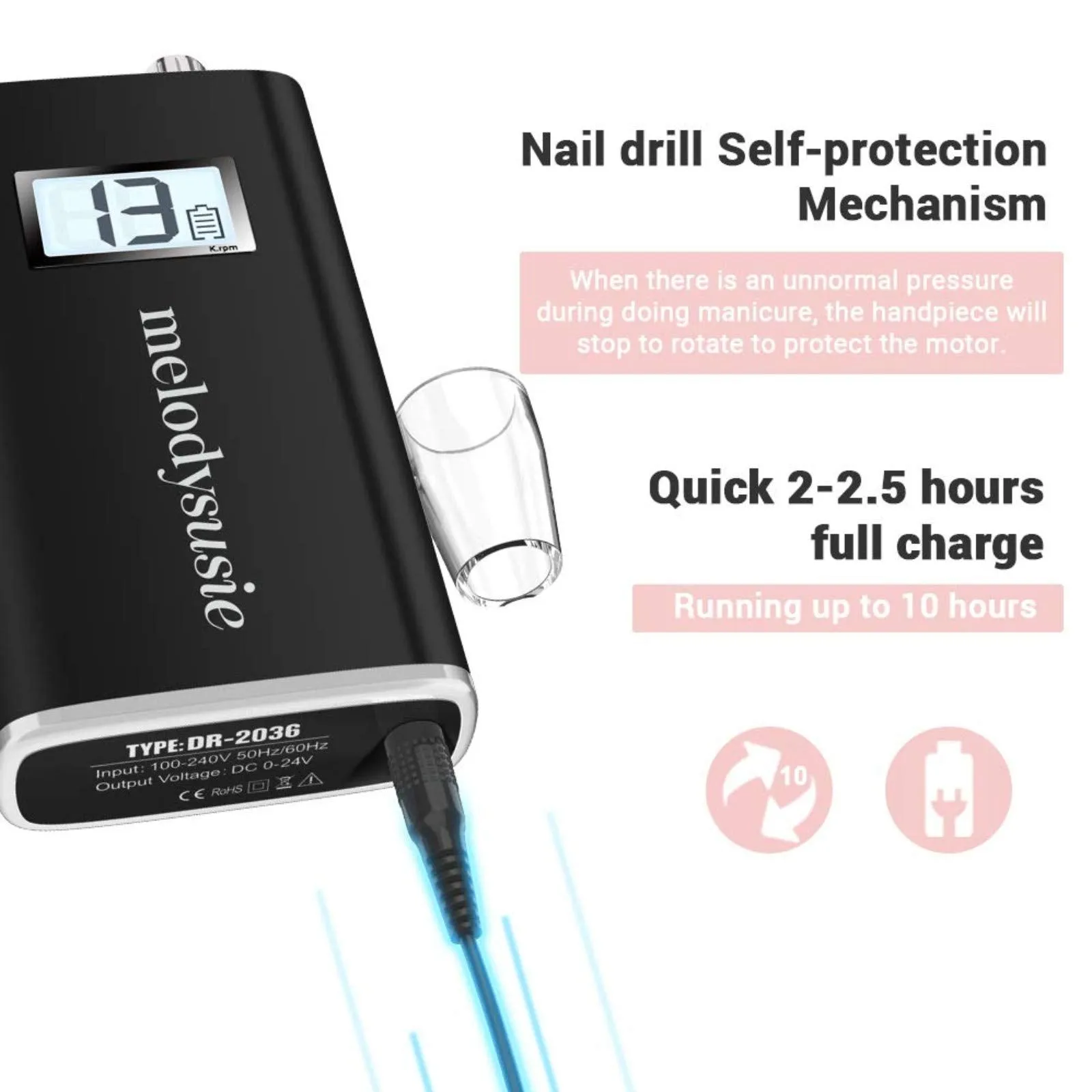 MelodySusie Professional Rechargeable 30000 rpm Nail Drill, Portable Electric E File Scamander, Acrylic Gel Grinder Tools with 6 Bits and Sanding Bands for Manicure Pedicure Shape Carve Polish (Black)