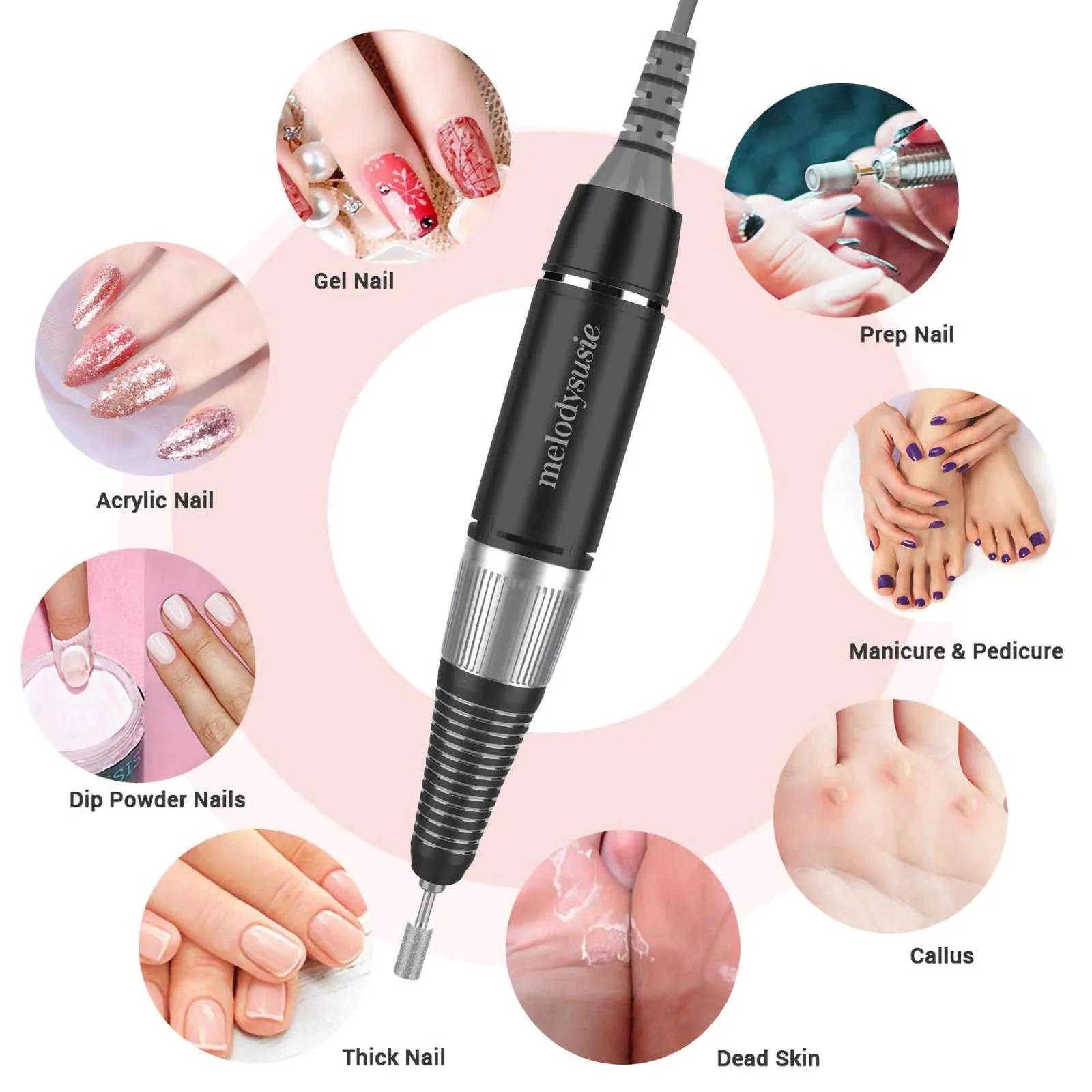 MelodySusie Professional Rechargeable 30000 rpm Nail Drill, Portable Electric E File Scamander, Acrylic Gel Grinder Tools with 6 Bits and Sanding Bands for Manicure Pedicure Shape Carve Polish (Black)