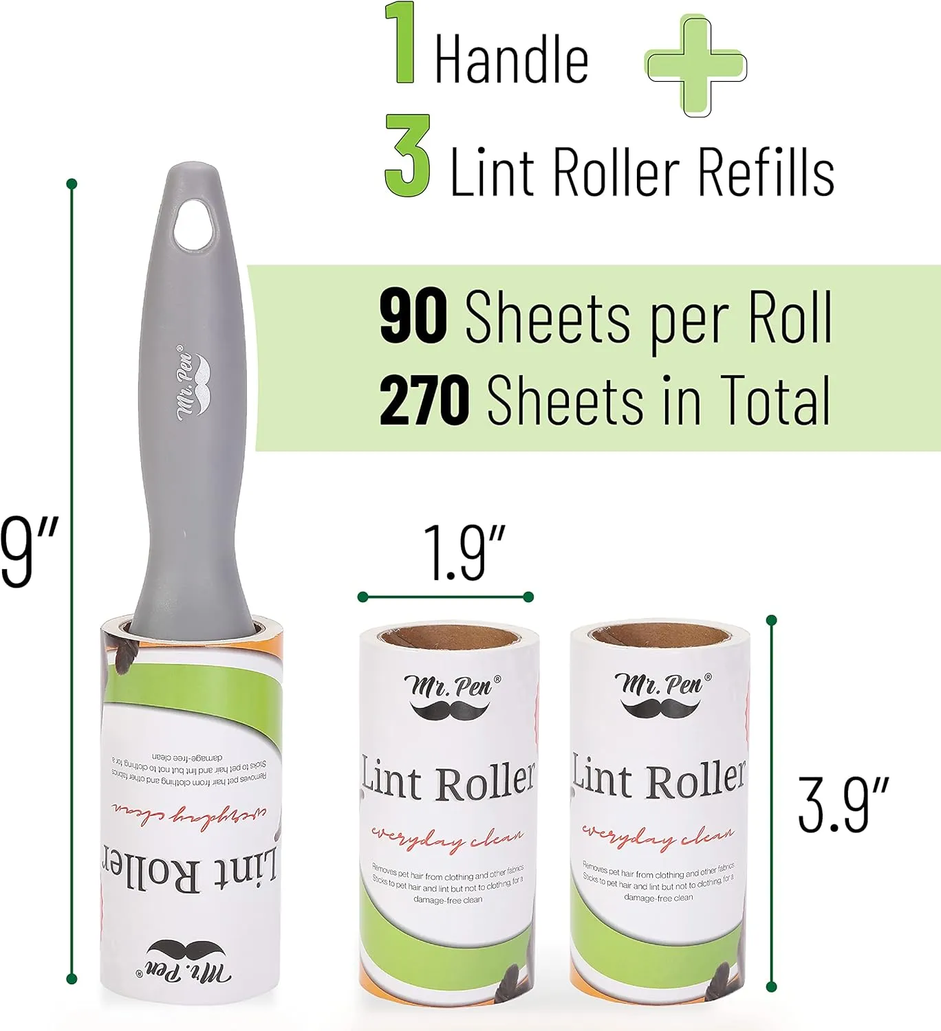 Mr. Pen- Lint Rollers, 1 Handle with 3 Refills, 270 Sheets, Extra Sticky Lint Remover for Clothes, Lint Roller for Pet Hair, Pet Hair Roller, Sticky Roller, Lint Roller for Clothes, Lint Removers