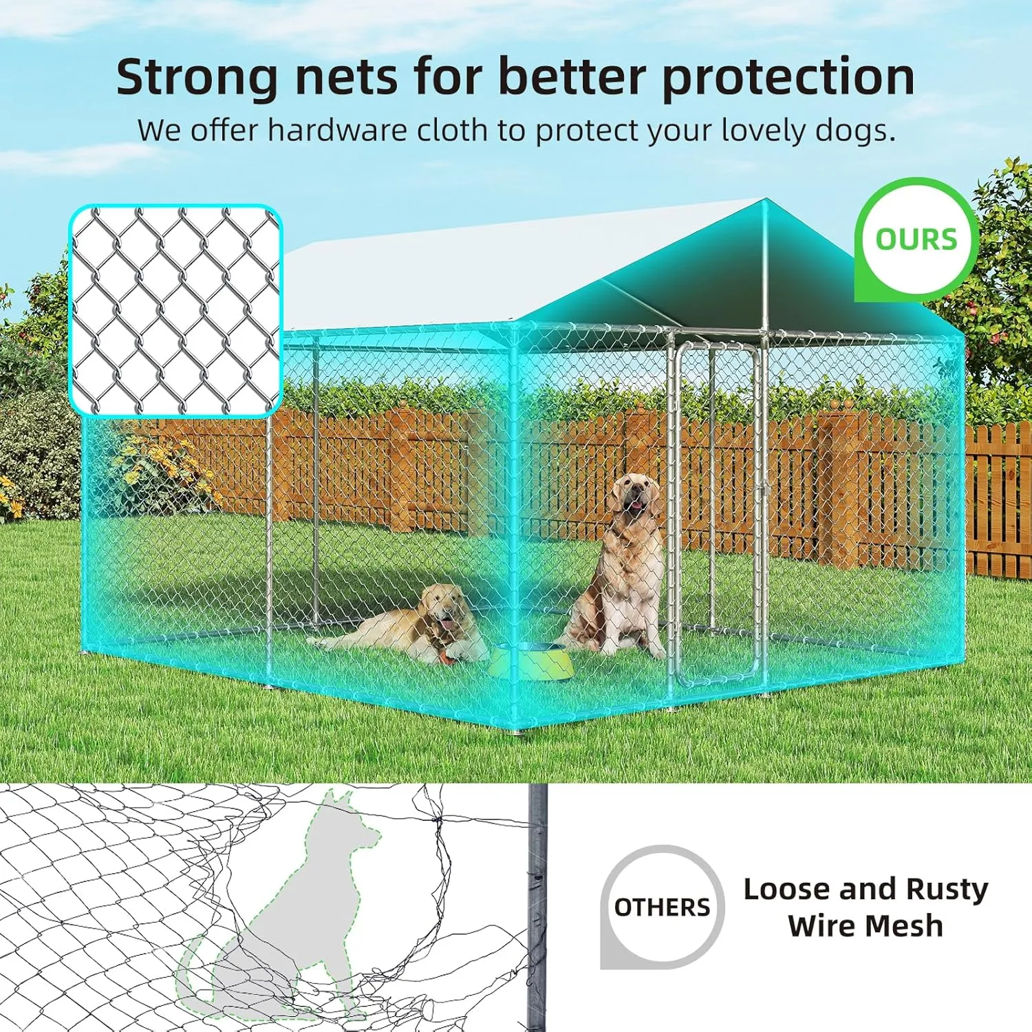 Outdoor Dog Kennel Outside with Metal Large Dog Gate, Outdoor Dog Pens with Roof, Heavy Duty Dog Kennel for Backyard Farm Use (120x120x84IN)