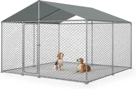 Outdoor Dog Kennel Outside with Metal Large Dog Gate, Outdoor Dog Pens with Roof, Heavy Duty Dog Kennel for Backyard Farm Use (120x120x84IN)