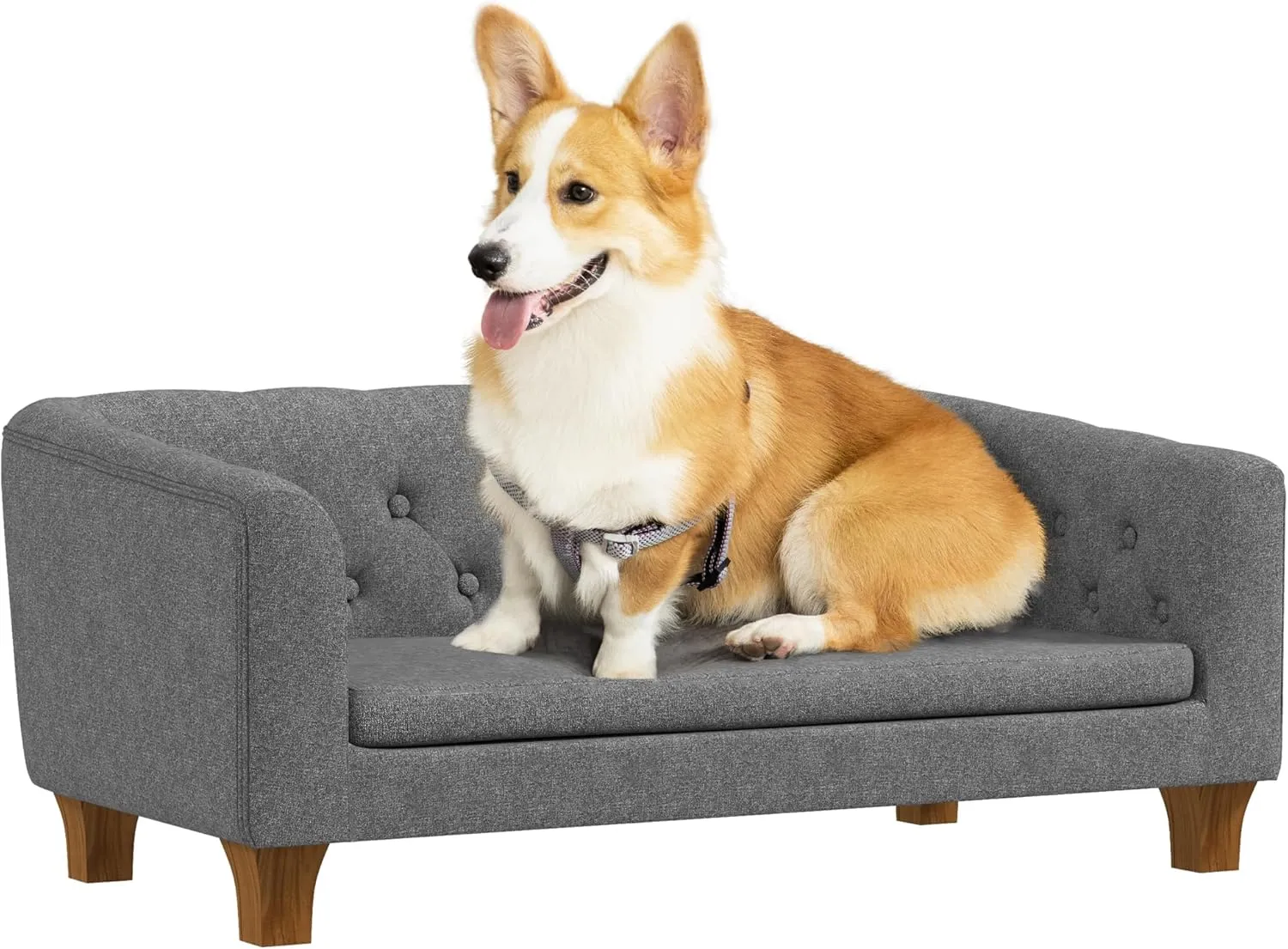 PawHut Raised Dog Sofa, Elevated Pet Couch for Small and Medium Dogs, with Removable Soft Cushion, Anti-Slip Pads, Simple Installation, Gray