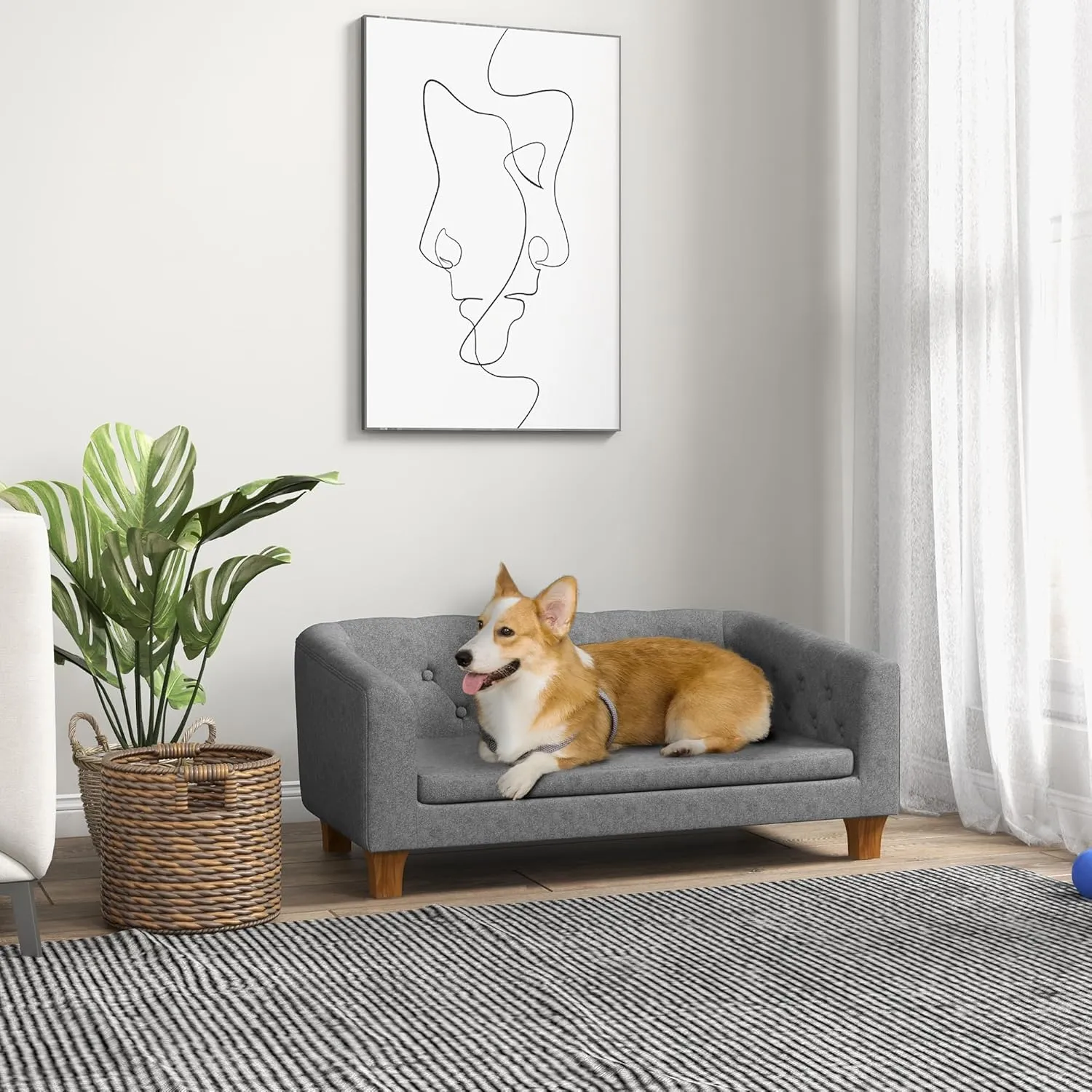 PawHut Raised Dog Sofa, Elevated Pet Couch for Small and Medium Dogs, with Removable Soft Cushion, Anti-Slip Pads, Simple Installation, Gray