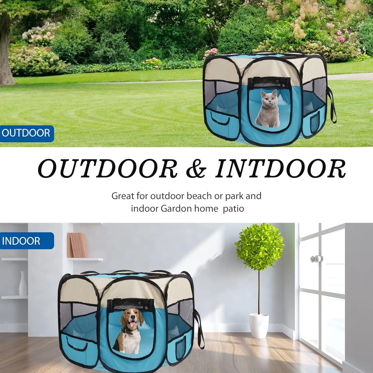 Pet Cat Playpen for Indoor Cats,Portable Pet Dog Playpen,Puppy Small Dog Cat Tent Crates Cage,29x29x16,Blue/Beige,1Pack