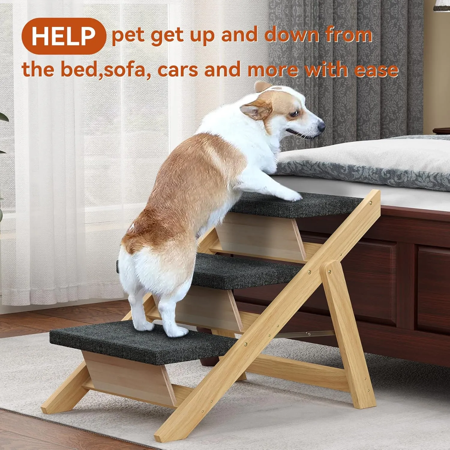 Pet Stairs/Steps, Medium Dogs Steps for High Beds, Sofa, Couch, Car, 2-in-1 Foldable Wood Dog Ramp with Non-Slip Pads, Safety, Durable Portable Dog/Cat Ladder Up to 110 lbs, 3 Steps