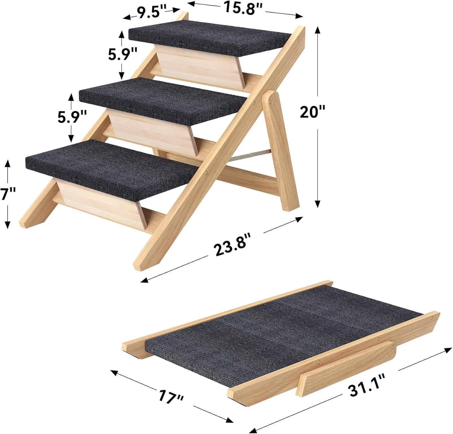 Pet Stairs/Steps, Medium Dogs Steps for High Beds, Sofa, Couch, Car, 2-in-1 Foldable Wood Dog Ramp with Non-Slip Pads, Safety, Durable Portable Dog/Cat Ladder Up to 110 lbs, 3 Steps