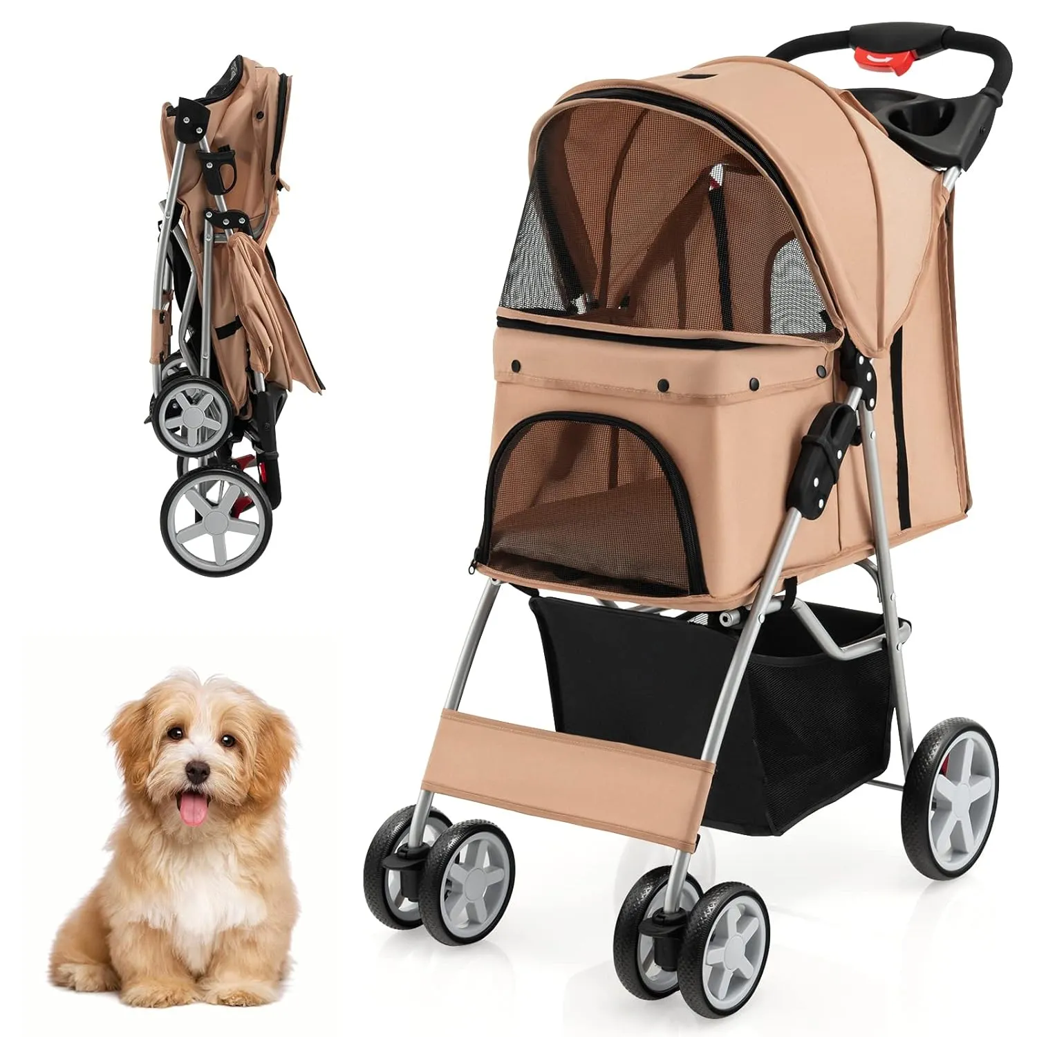 S AFSTAR 4 Wheels Pet Stroller, Folding Cat Dog Stroller W/Storage Basket & Tray, Adjustable Canopy, All-Terrain EVA Wheels, Foldable Carrier Strolling Cart for Medium Small Dogs Cats Travel (Beige)