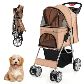 S AFSTAR 4 Wheels Pet Stroller, Folding Cat Dog Stroller W/Storage Basket & Tray, Adjustable Canopy, All-Terrain EVA Wheels, Foldable Carrier Strolling Cart for Medium Small Dogs Cats Travel (Beige)